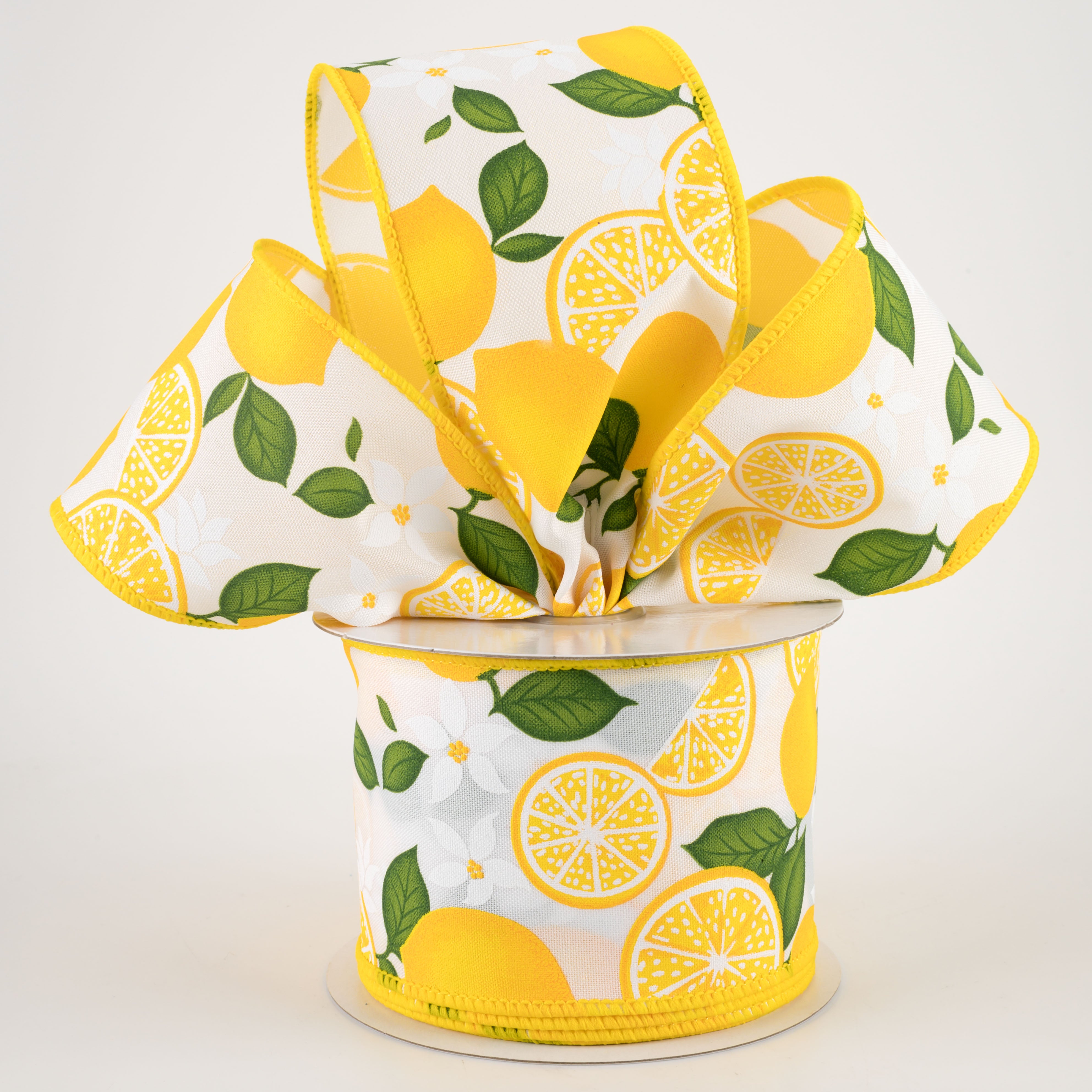 2.5" Lemon With Leaves Flower Ribbon: White (10 Yards) Lifestyle Photo