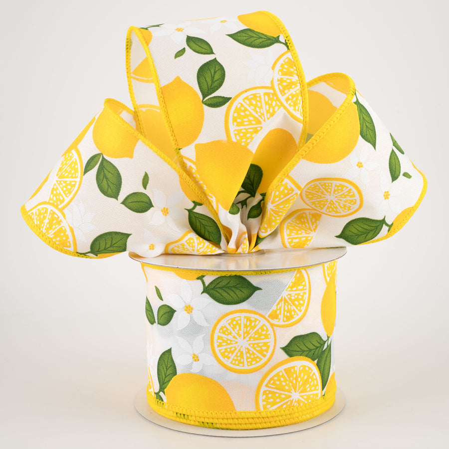 2.5" Lemon With Leaves Flower Ribbon: White (10 Yards) Lifestyle Photo