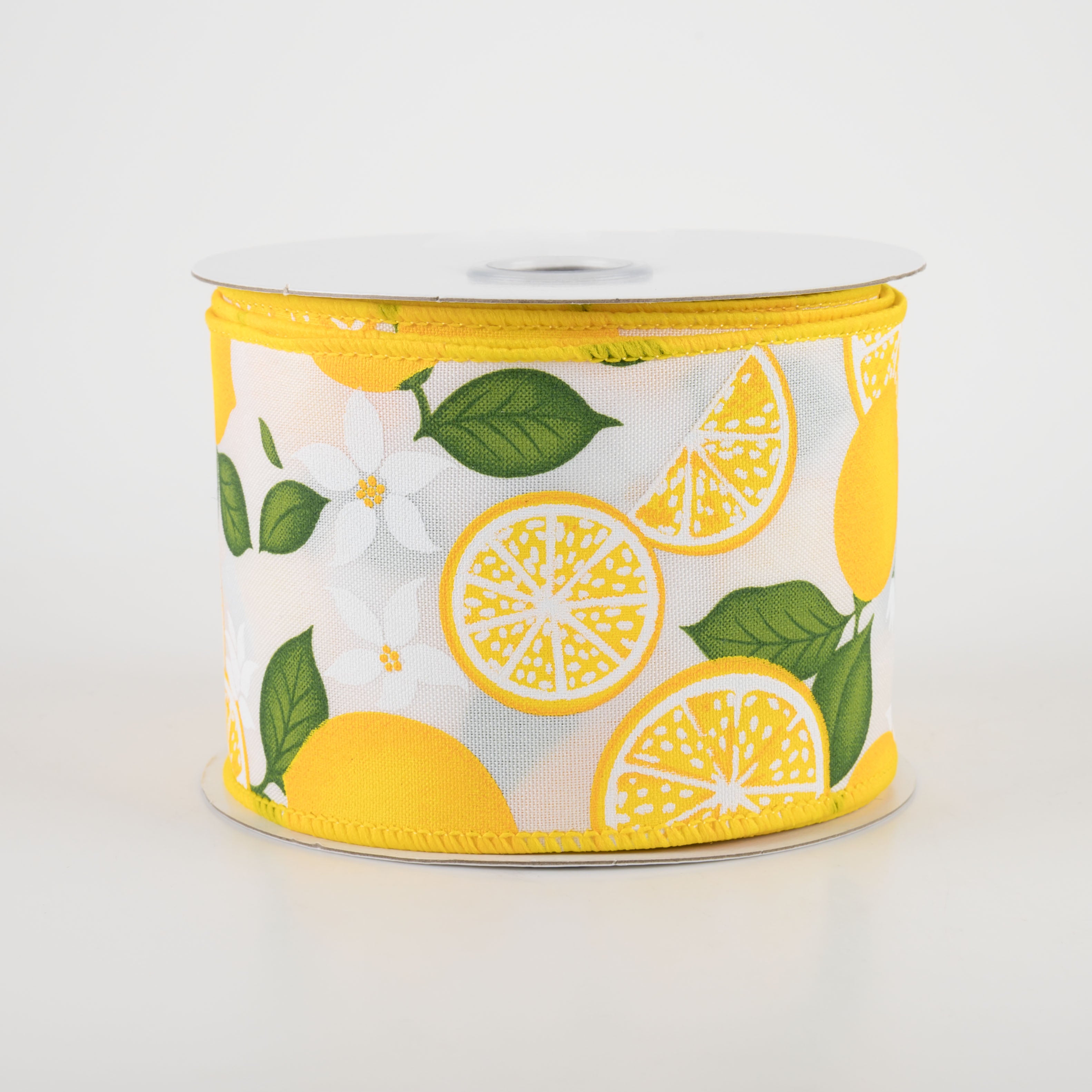 2.5" Lemon With Leaves Flower Ribbon: White (10 Yards)