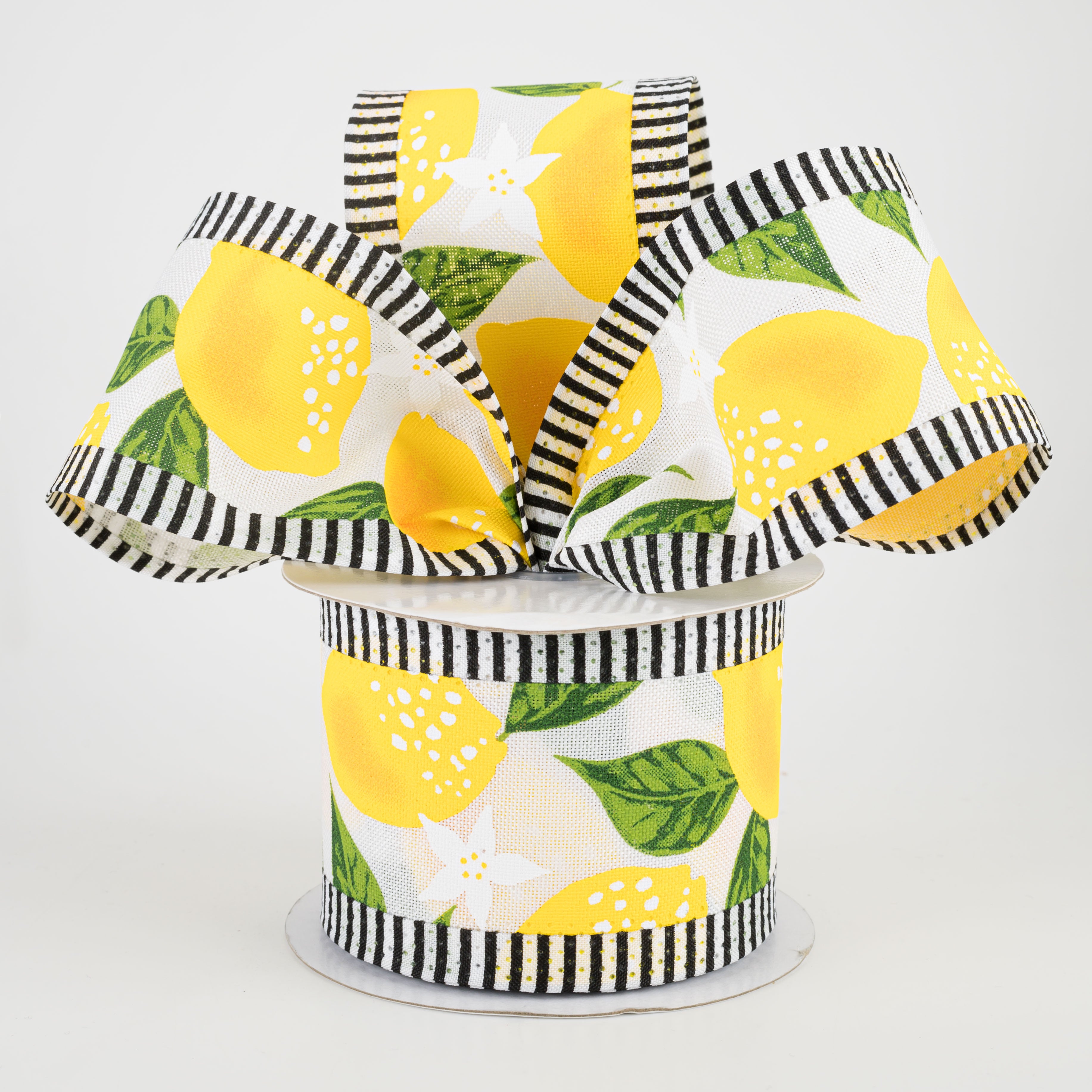 2.5" Lemon Thin Stripe Edge Ribbon: Black, White, Yellow (10 Yards) Lifestyle Photo