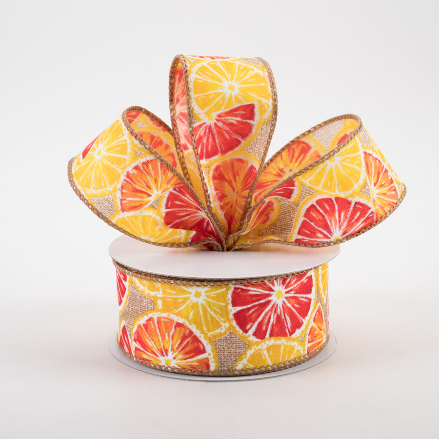 1.5" Lemons & Oranges Print Linen Ribbon: Natural (10 Yards) Lifestyle Photo