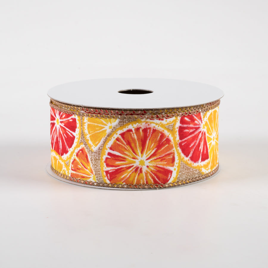 1.5" Lemons & Oranges Print Linen Ribbon: Natural (10 Yards)