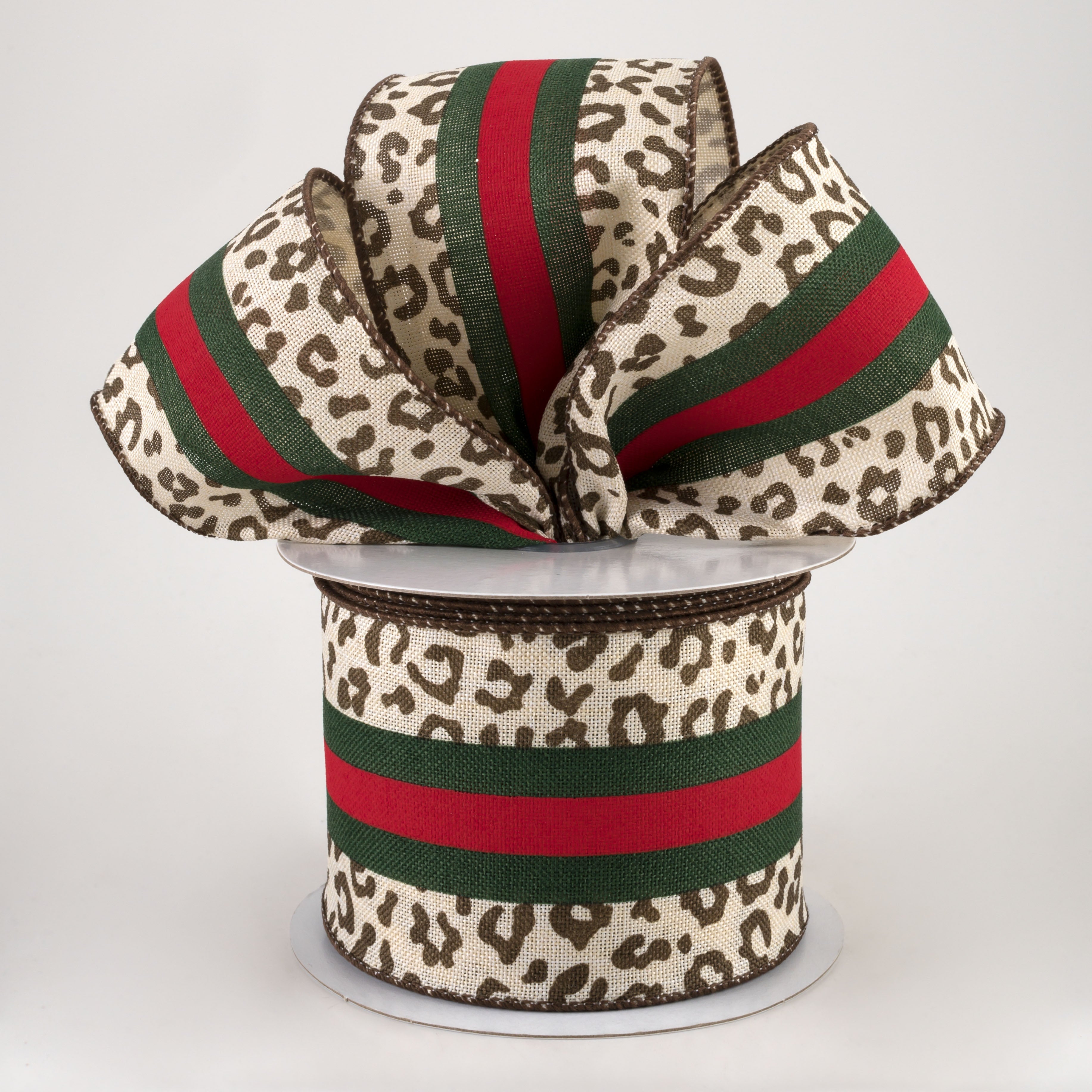 2.5" Leopard Print Center Stripes Ribbon: Red & Emerald (10 Yards) Lifestyle Photo