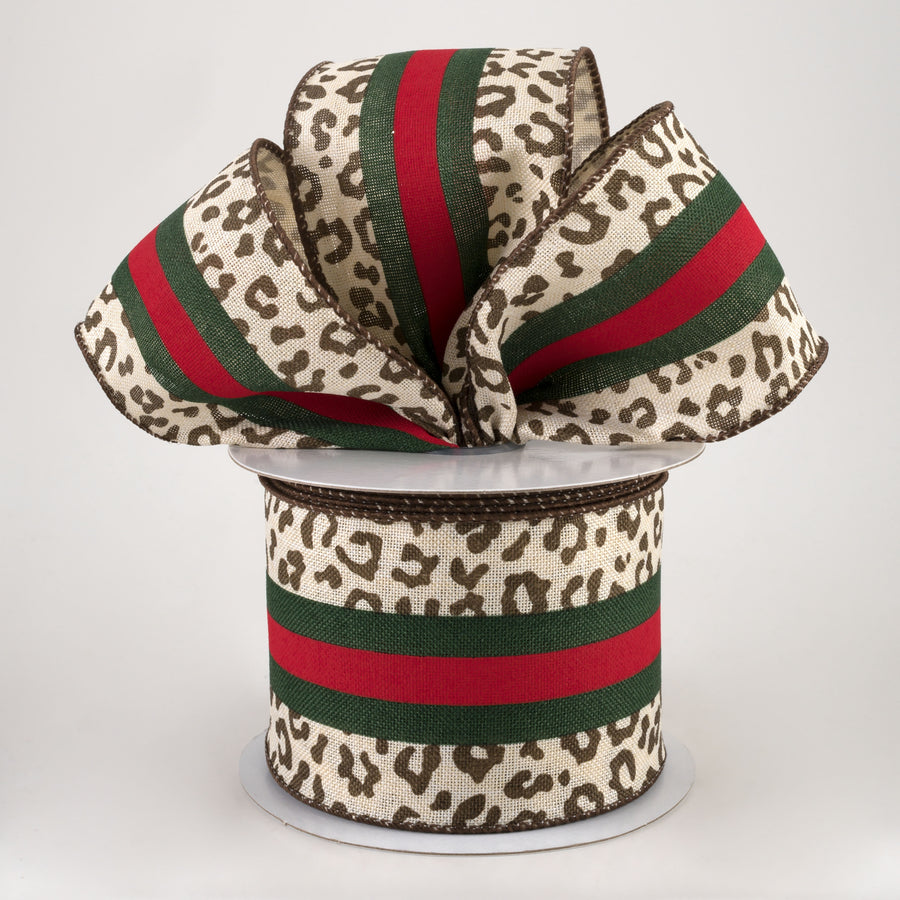2.5" Leopard Print Center Stripes Ribbon: Red & Emerald (10 Yards) Lifestyle Photo