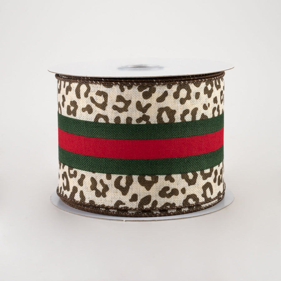 2.5" Leopard Print Center Stripes Ribbon: Red & Emerald (10 Yards)