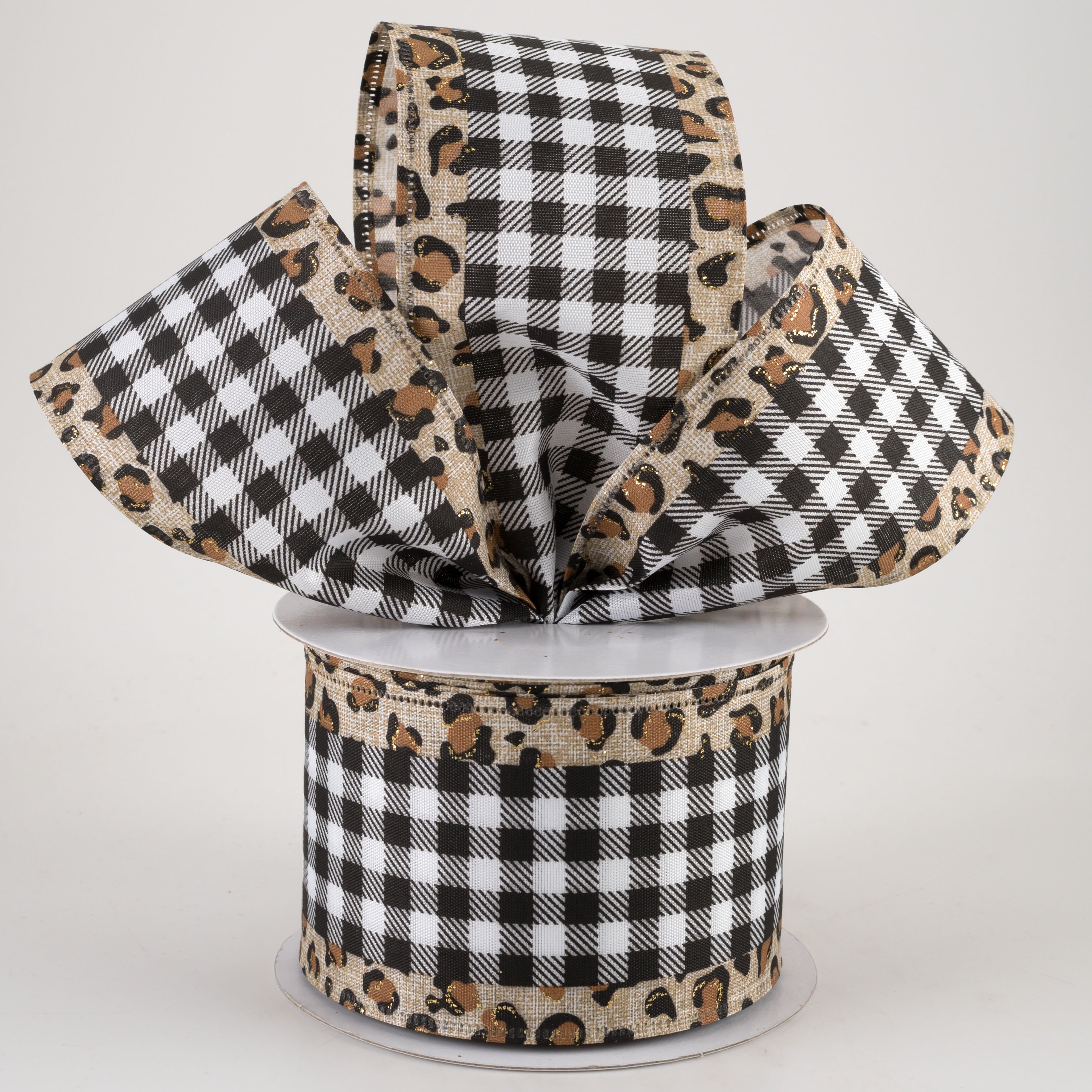 2.5" Leopard Print Edge Ribbon: Black & White Buffalo Plaid (10 Yards) Lifestyle Photo