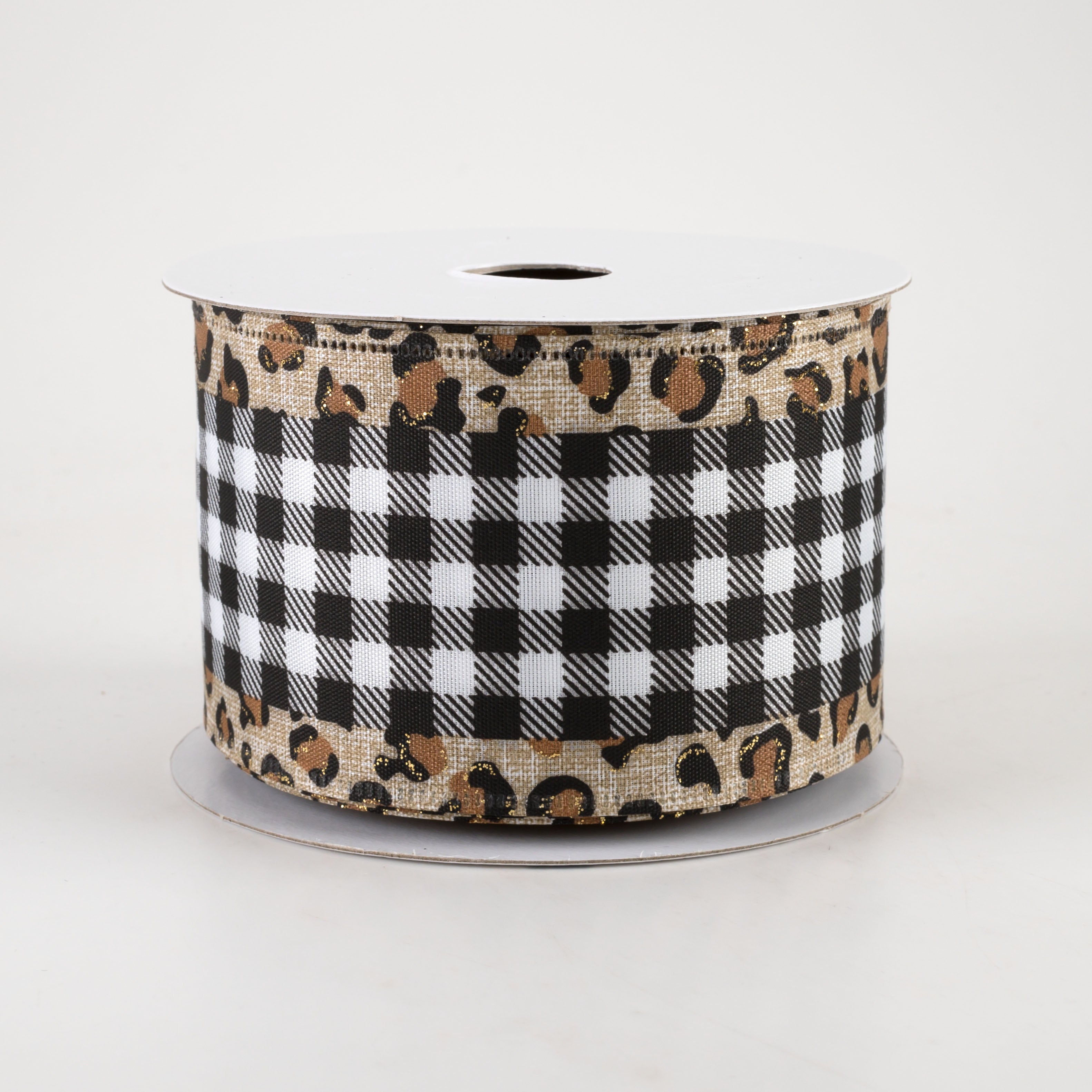 2.5" Leopard Print Edge Ribbon: Black & White Buffalo Plaid (10 Yards) Item Number: 65202-40-01