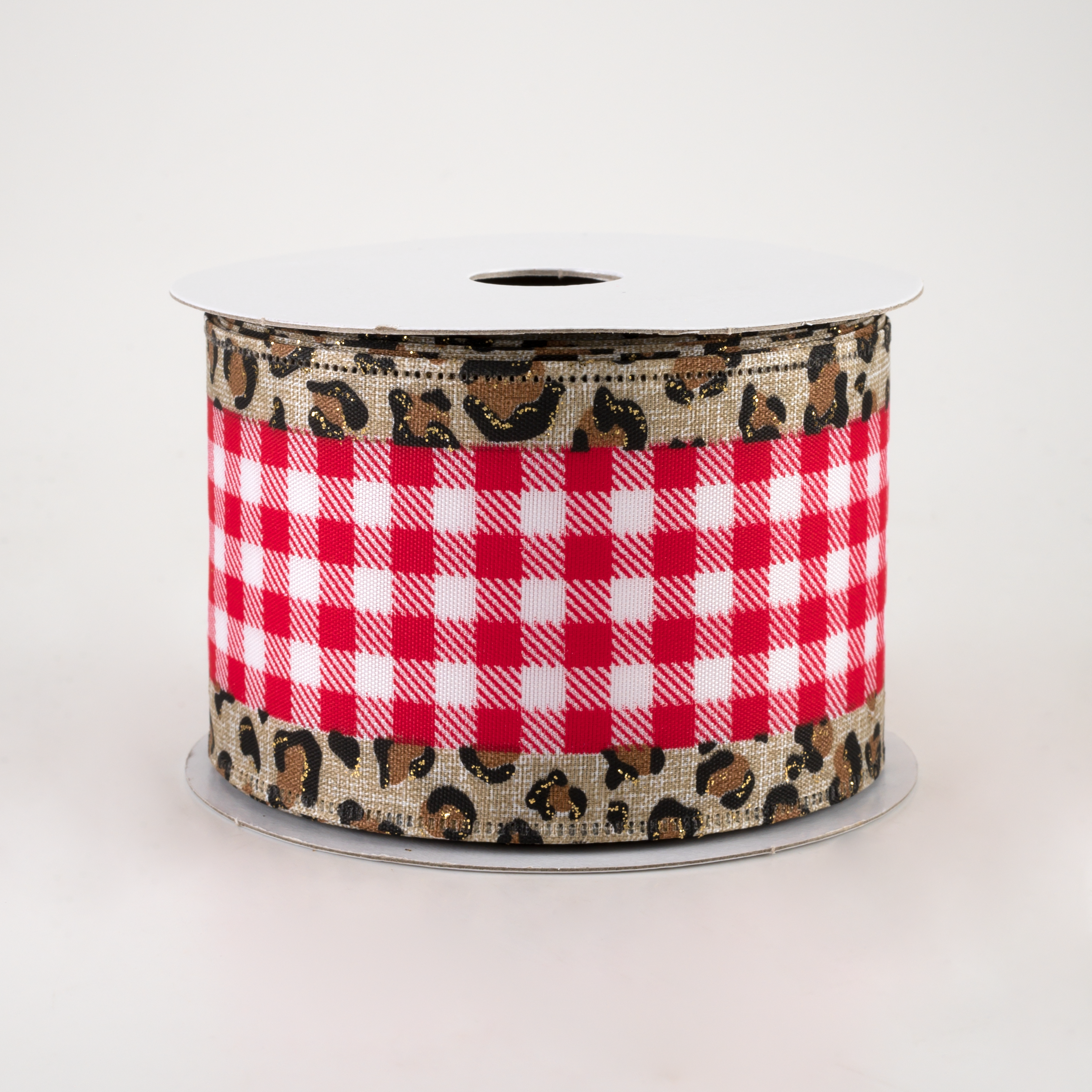 2.5" Leopard Print Edge Ribbon: Red & White Buffalo Plaid (10 Yards) Item Number: 65202-40-12