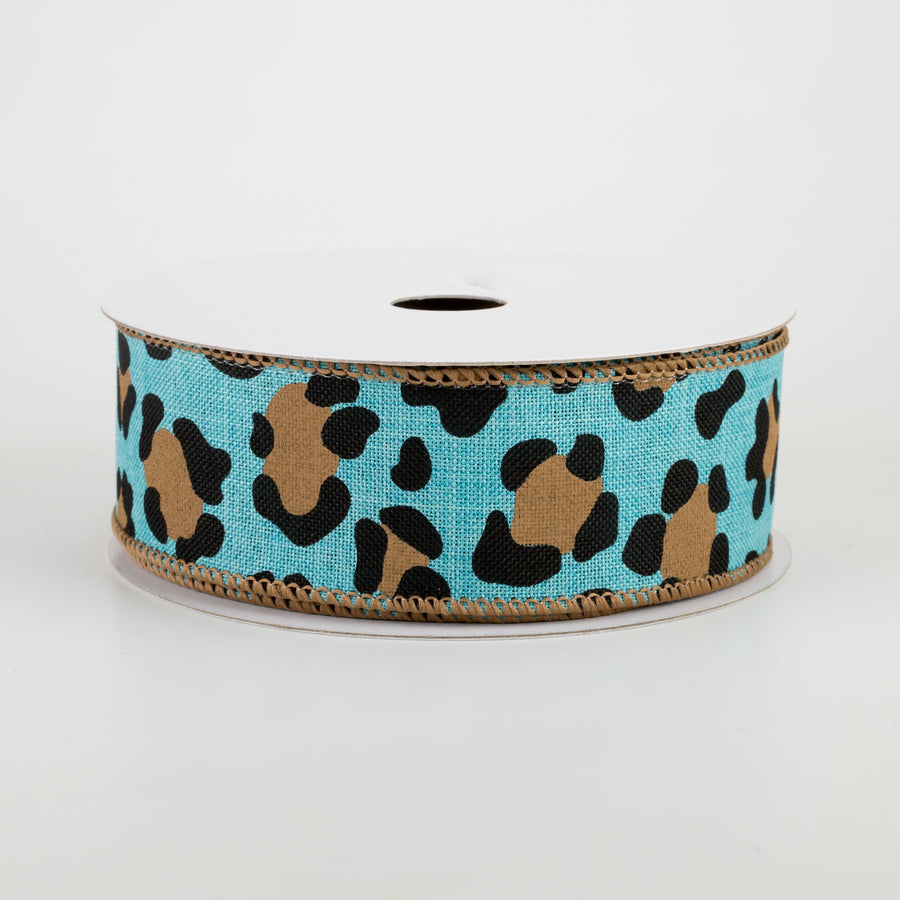 1.5" Leopard Print on Royal Ribbon: Light Teal (10 Yards)