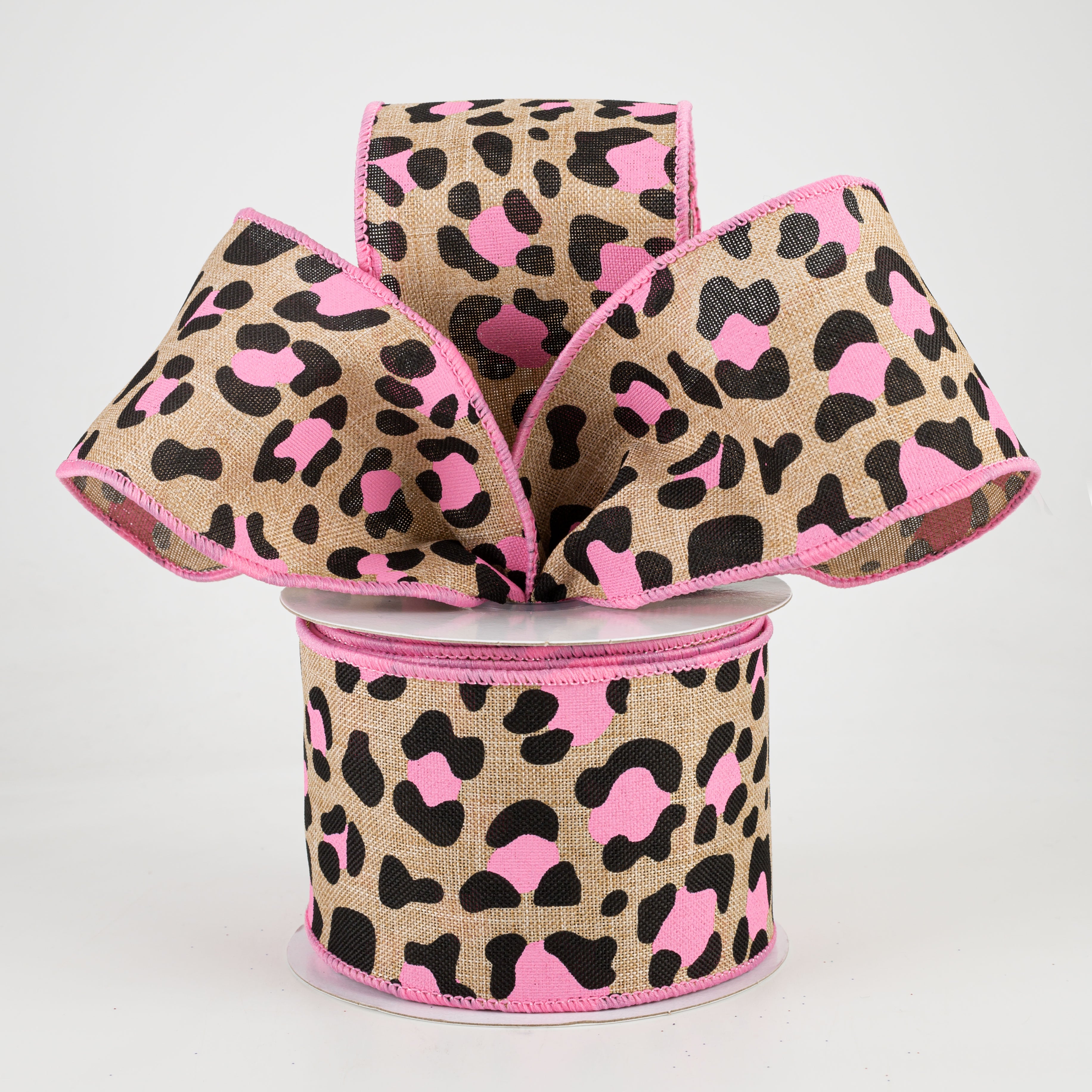 2.5" Leopard Print Ribbon: Light Beige, Black, Pink (10 Yards) Lifestyle Photo
