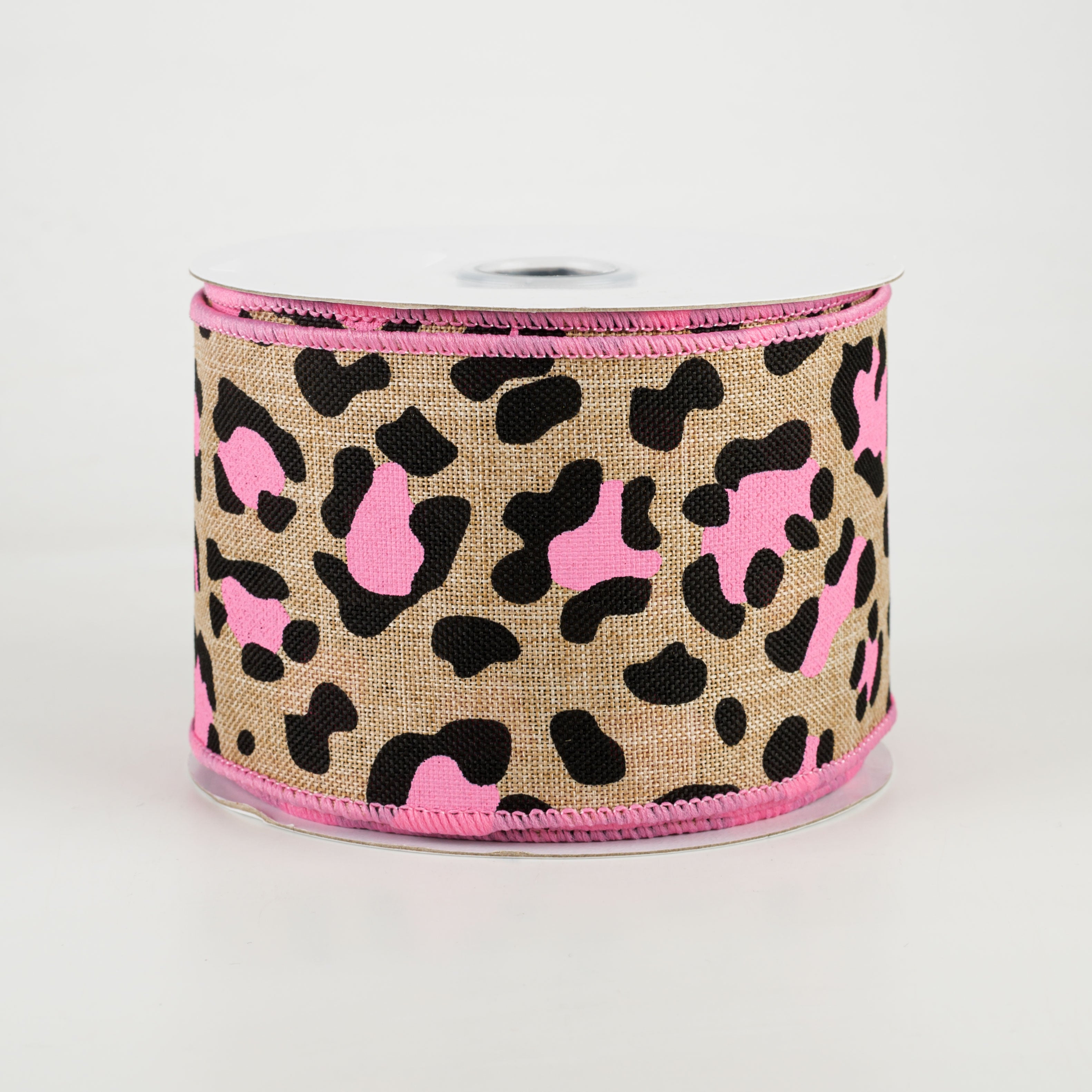 2.5" Leopard Print Ribbon: Light Beige, Black, Pink (10 Yards)