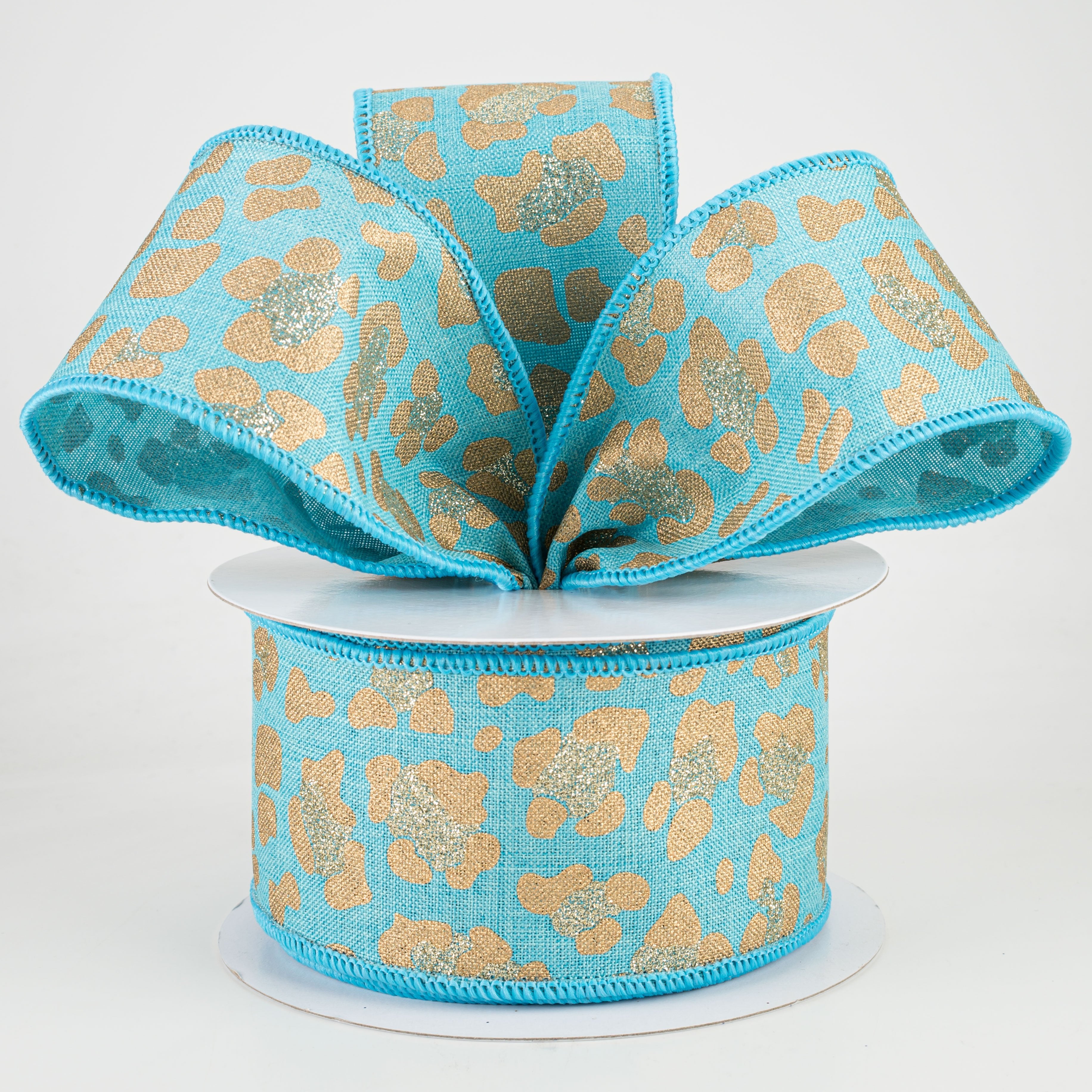 2.5" Leopard Print Ribbon: Light Teal, Gold, Light Gold (10 Yards) Lifestyle Photo