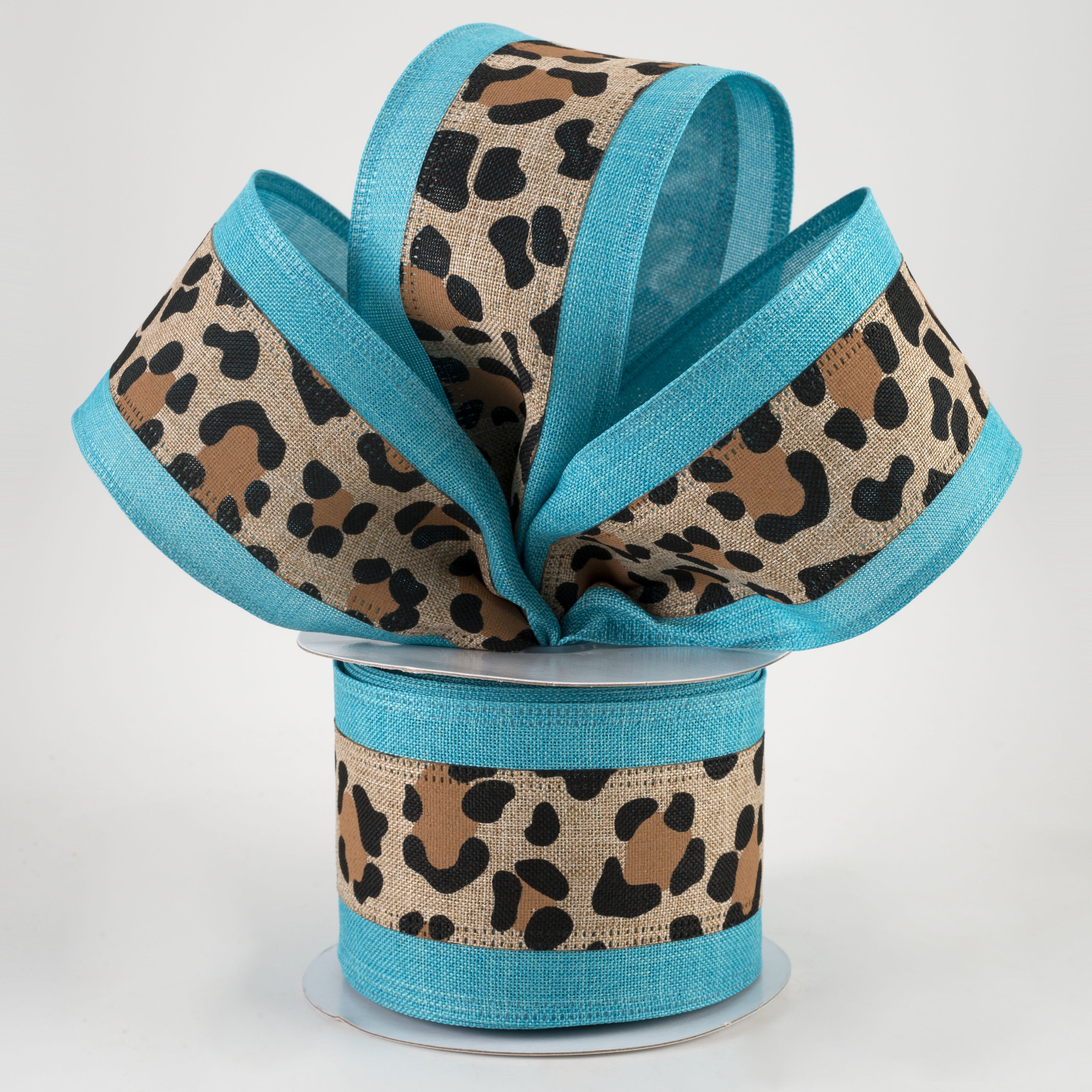 2.5" Leopard Print Stripe on Royal Ribbon: Teal (10 Yards) Lifestyle Photo