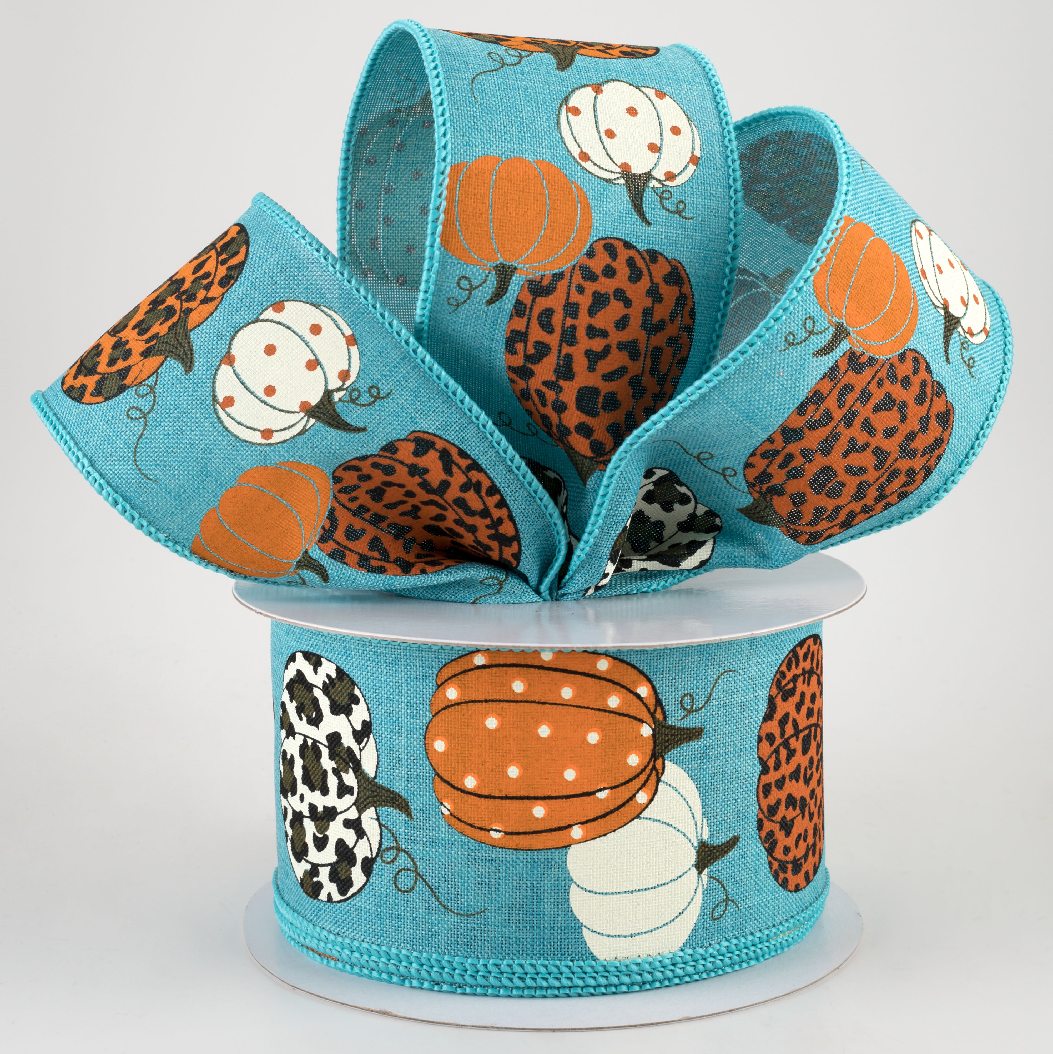 2.5" Leopard Pumpkins Ribbon: Teal (10 Yards) Lifestyle Photo