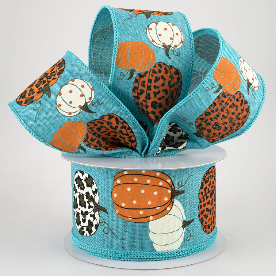 2.5" Leopard Pumpkins Ribbon: Teal (10 Yards) Lifestyle Photo