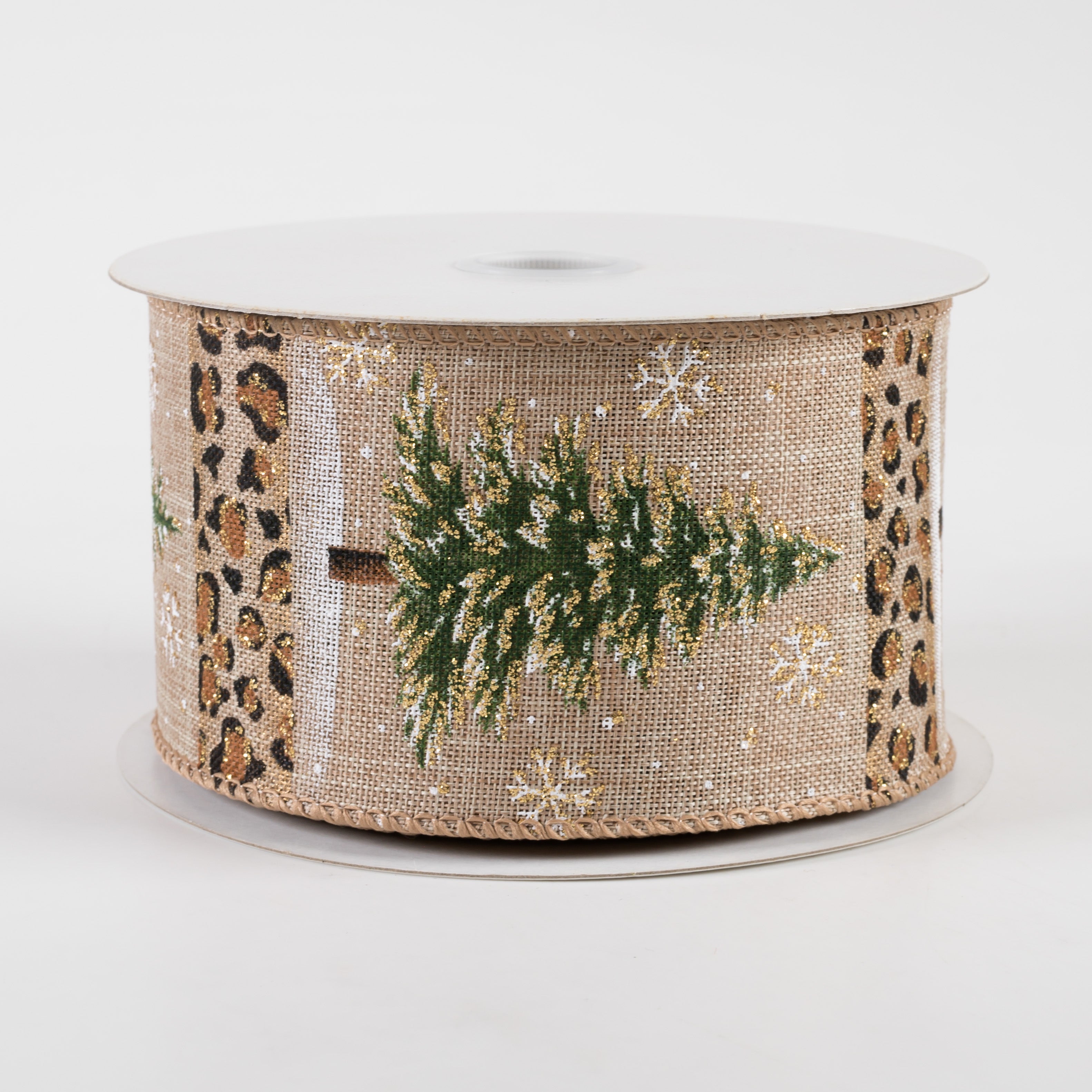 2.5" Leopard Stripe Trees Linen Ribbon: Natural (10 Yards)