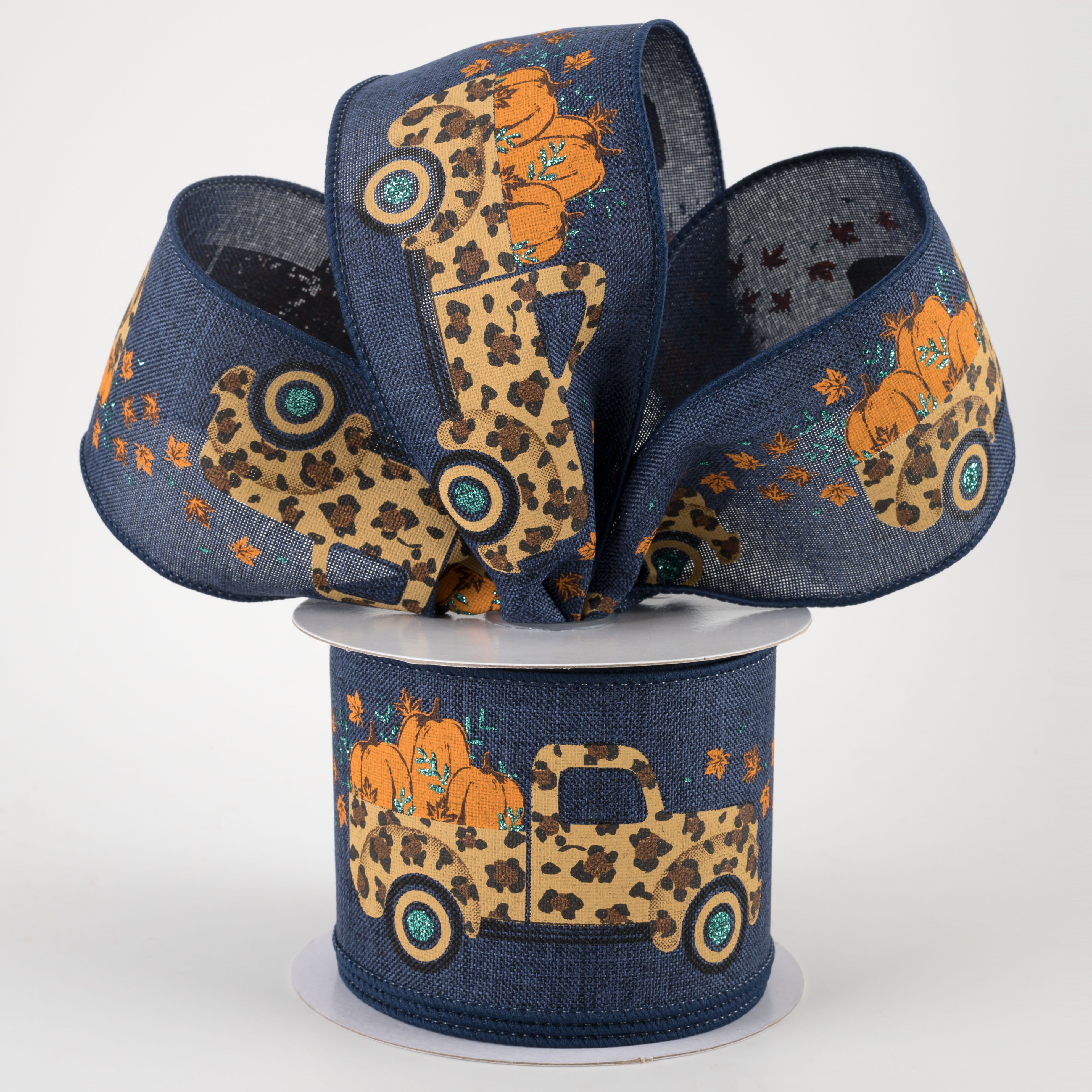 2.5" Leopard Truck With Pumpkins Ribbon: Navy (10 Yards) Lifestyle Photo