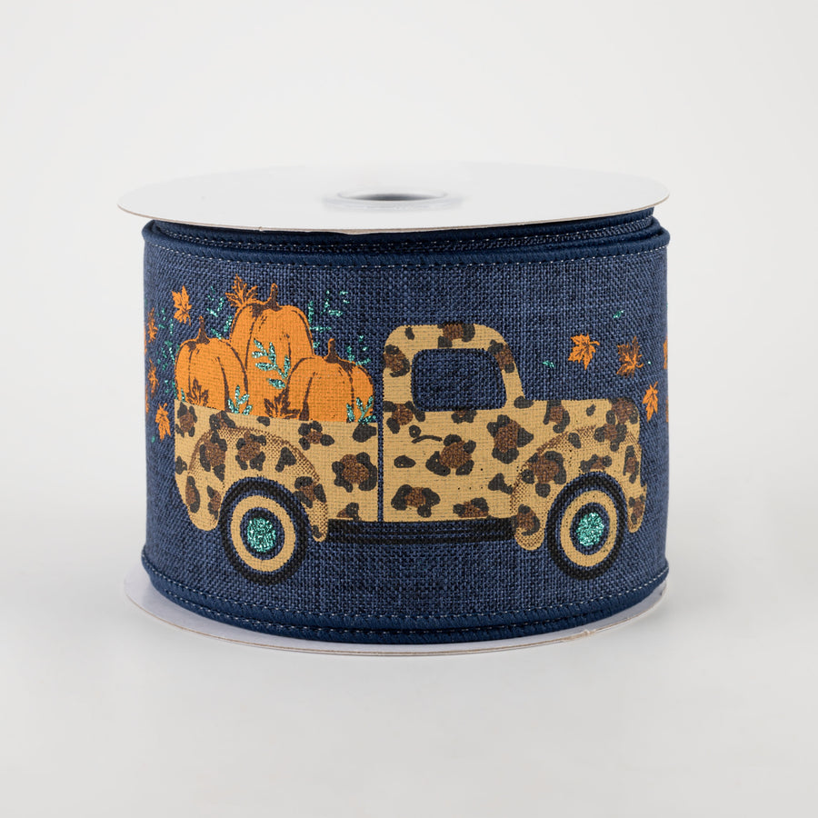 2.5" Leopard Truck With Pumpkins Ribbon: Navy (10 Yards)