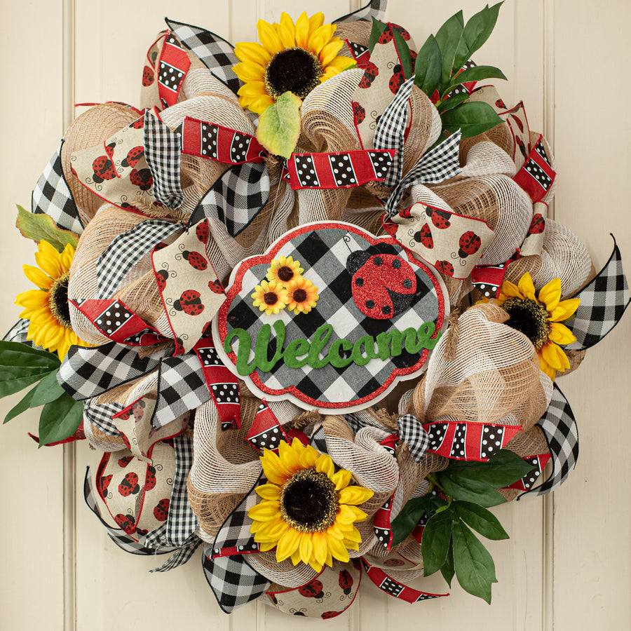 9.5" Ladybug Sunflower Welcome Sign