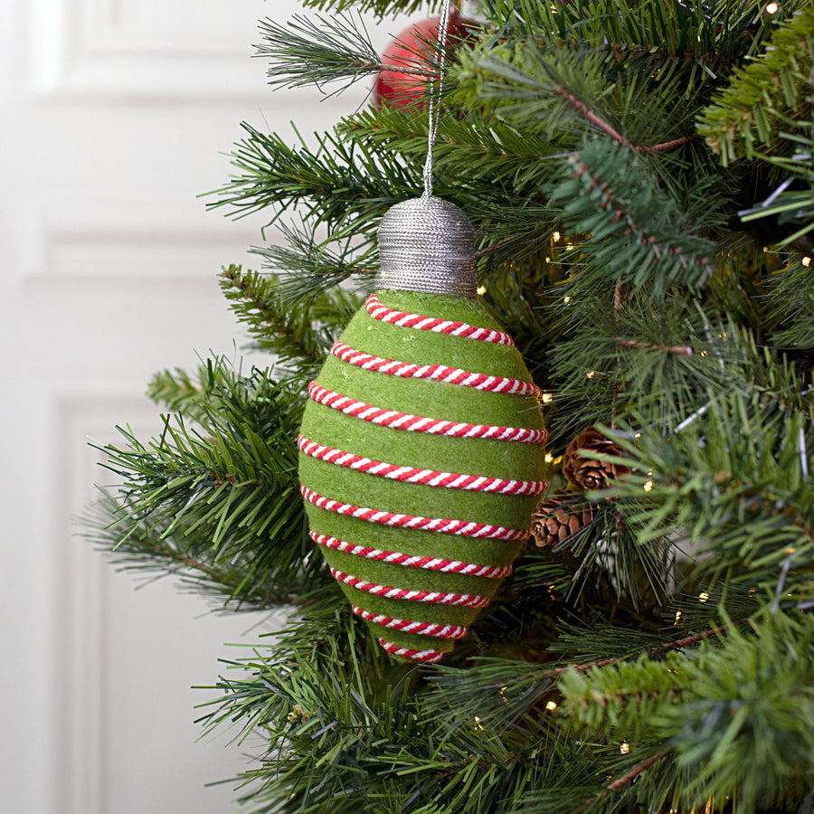 8" Stripe On Felt Lightbulb Ornament: Red, White, Green