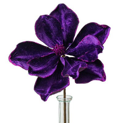 10" Velvet & Glitter Magnolia Spray: Dark Purple