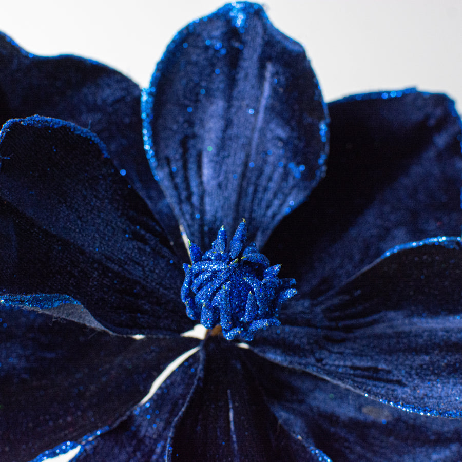 10" Velvet & Glitter Magnolia Spray: Navy Blue