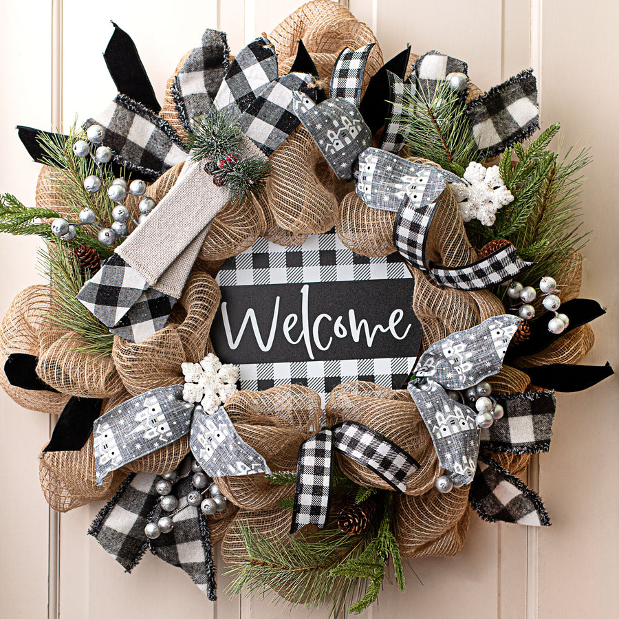 9.4" Round Waterproof Sign: Buffalo Plaid Welcome White & Black
