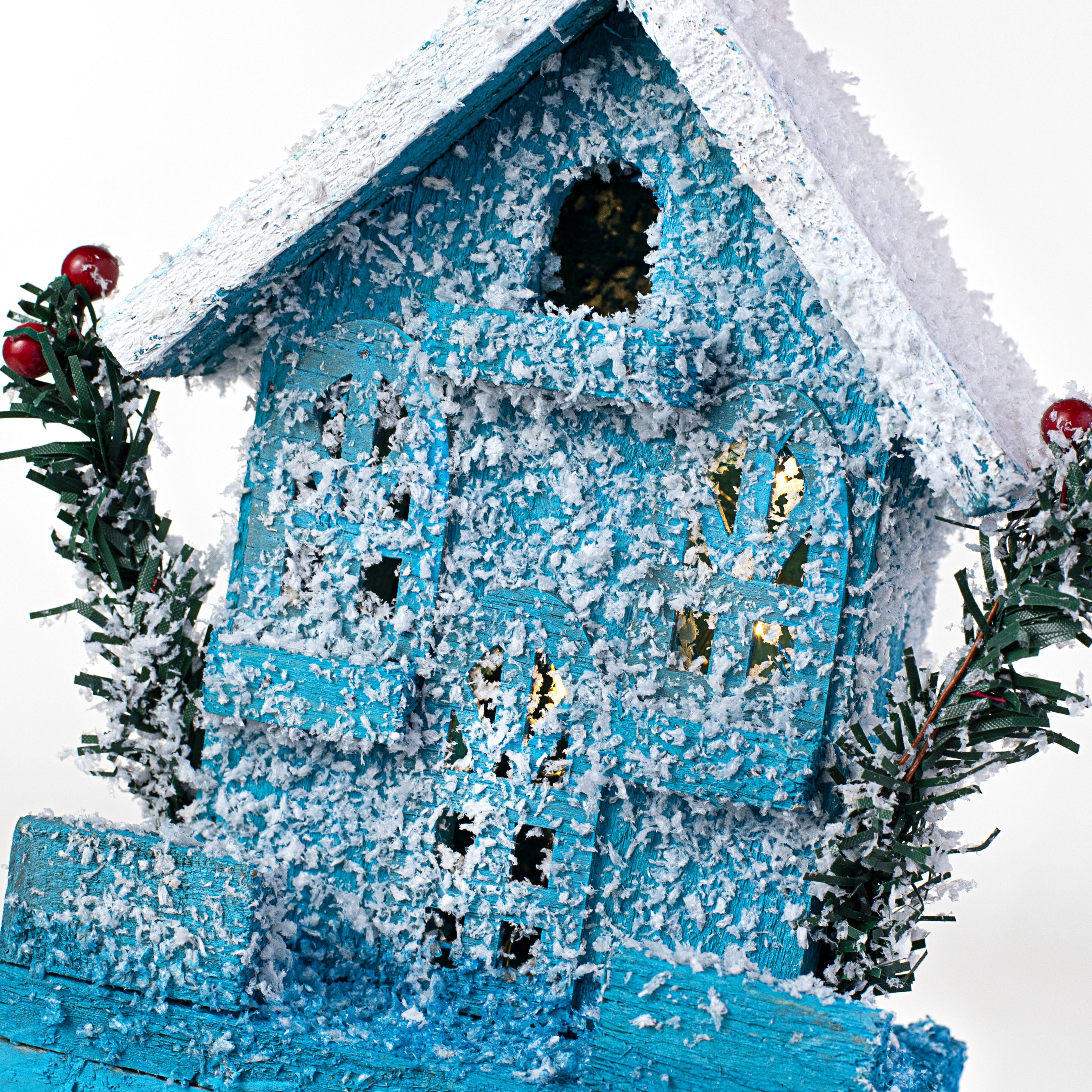 9" Light-Up Snowy Wooden House: Blue detail photo 3