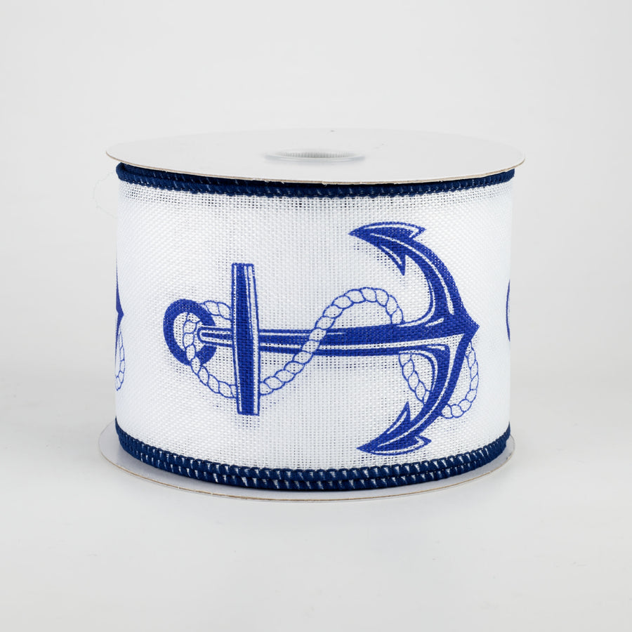 2.5" Linen Anchor Ribbon: Navy & White (10 Yards)