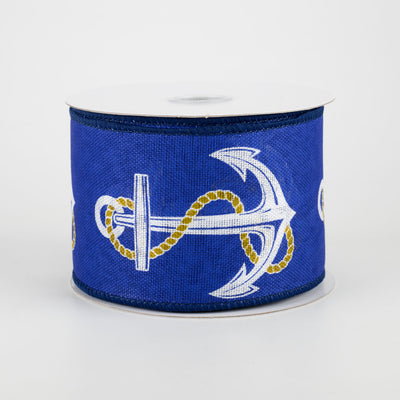 2.5" Linen Anchor Ribbon: White & Blue (10 Yards)