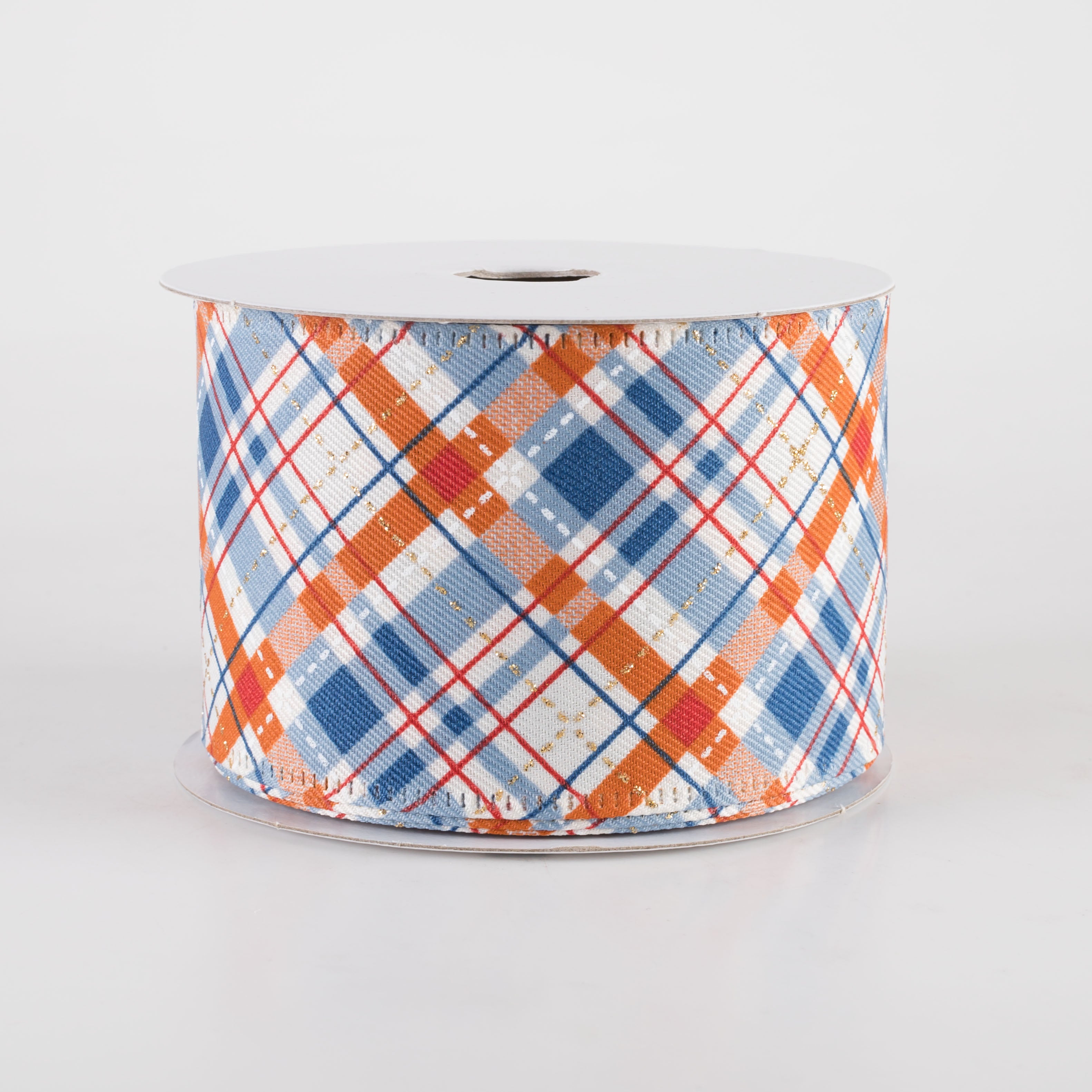 2.5" Linen Argyle Plaid Ribbon: Rust Orange & Blue on Ivory (10 Yards) Item Number: 65432-40-05