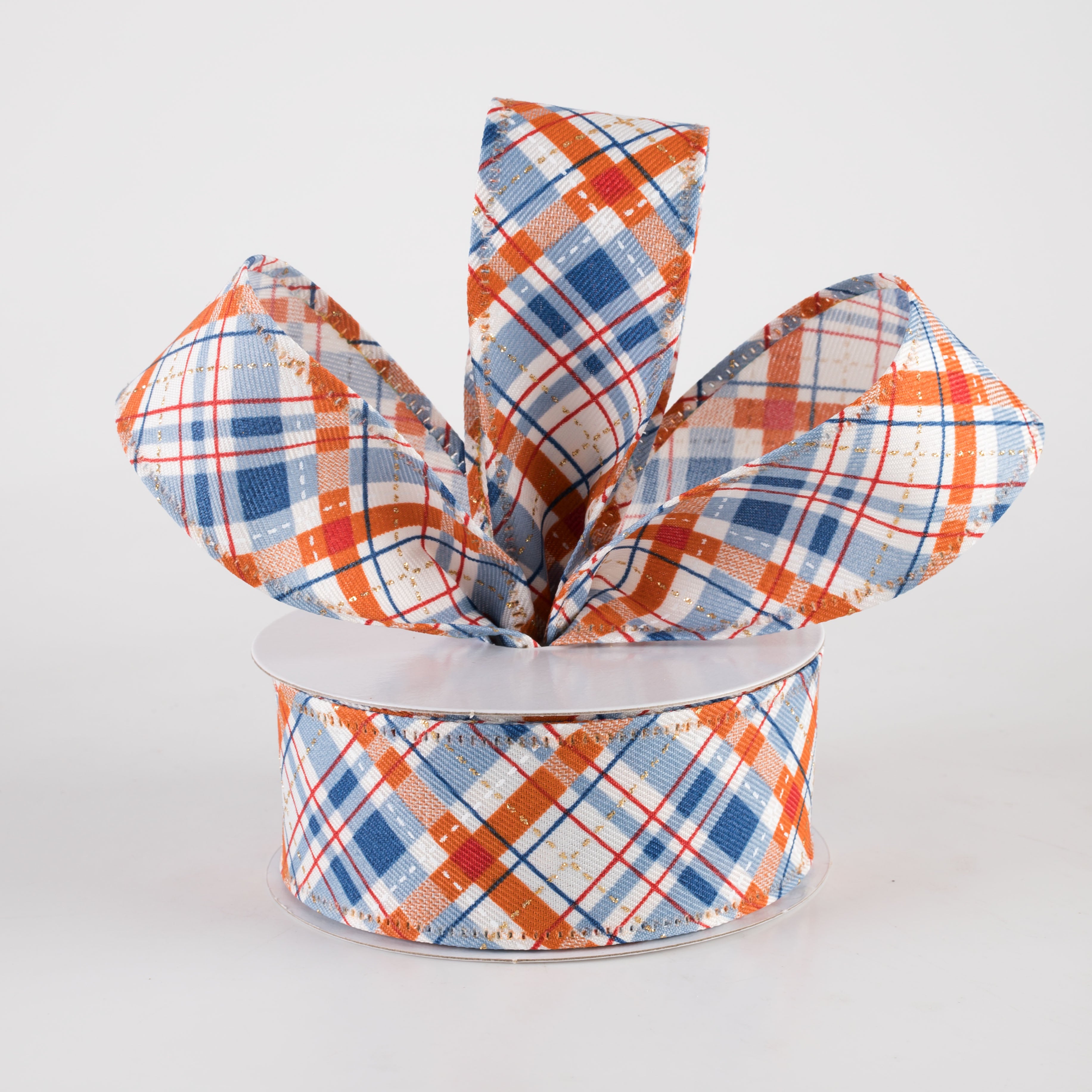 1.5" Linen Argyle Plaid Ribbon: Rust Orange & Blue on Ivory (10 Yards) Lifestyle Photo