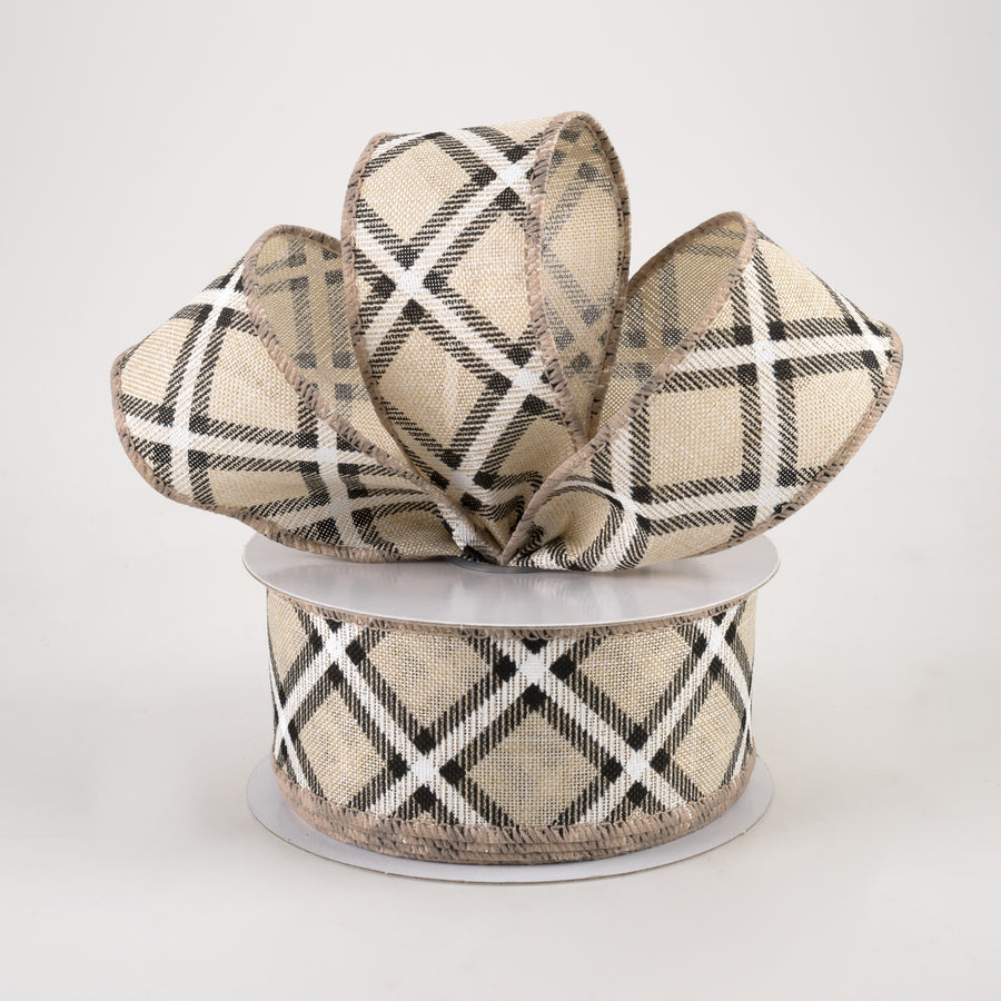 1.5" Linen Asher Plaid Ribbon: Light Natural, Black & White (10 Yards) Lifestyle Photo
