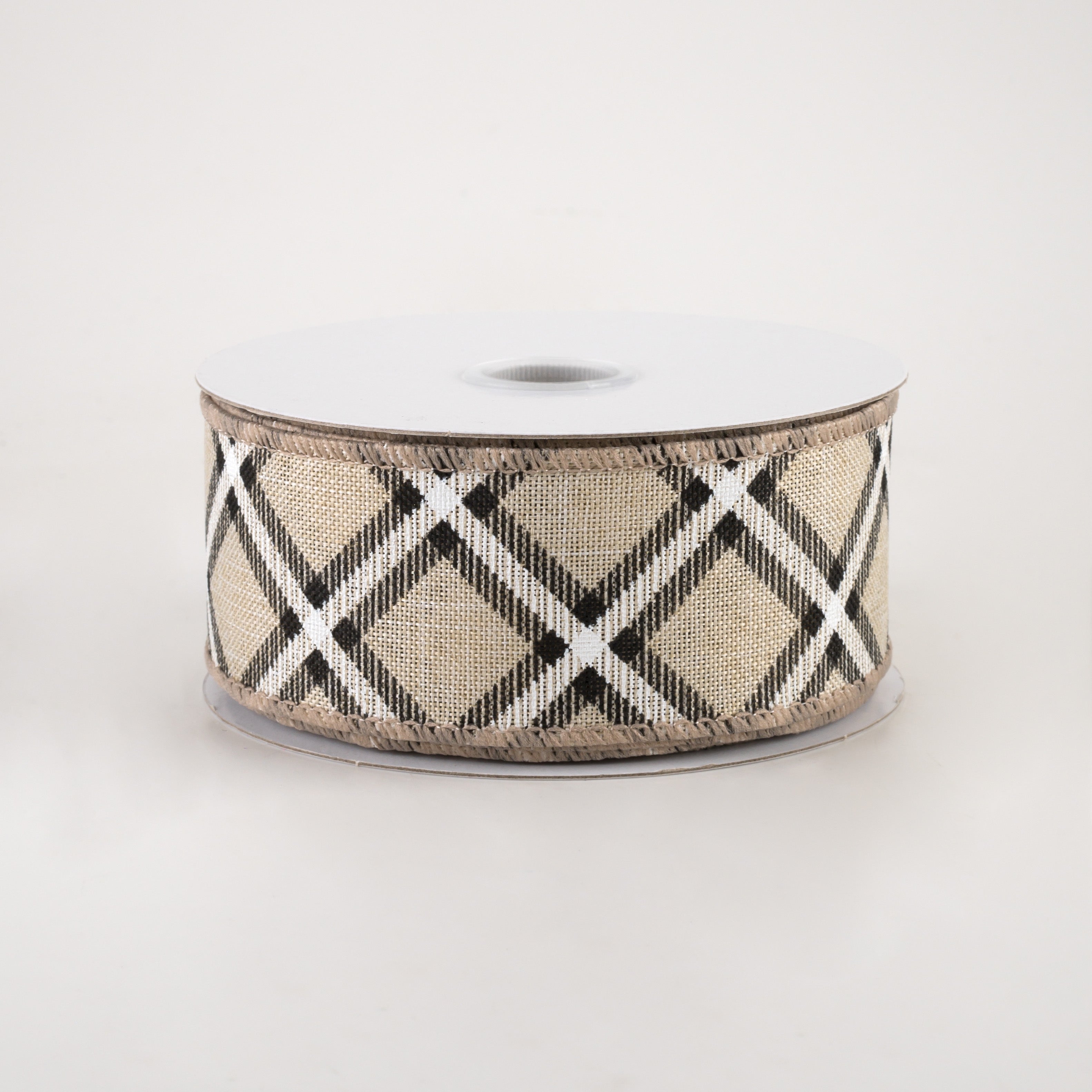 1.5" Linen Asher Plaid Ribbon: Light Natural, Black & White (10 Yards)