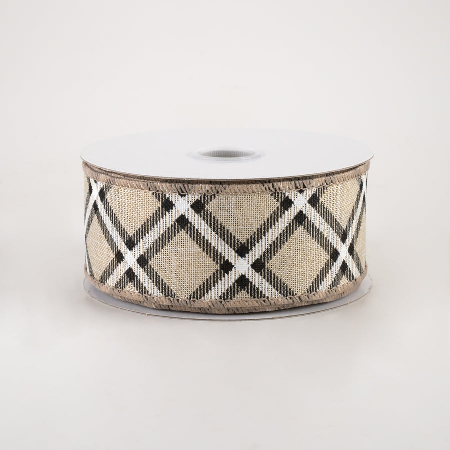 1.5" Linen Asher Plaid Ribbon: Light Natural, Black & White (10 Yards)