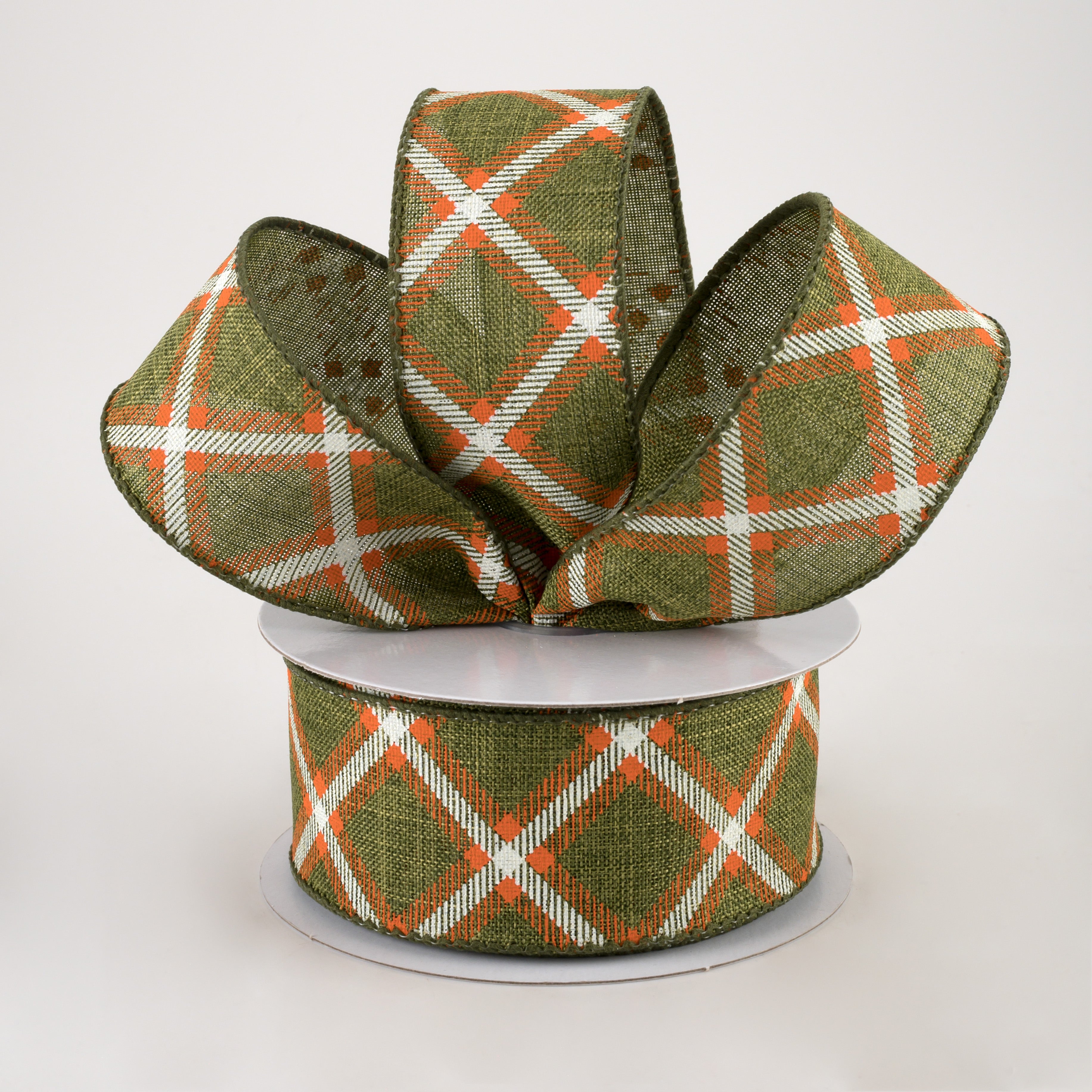 1.5" Linen Asher Plaid Ribbon: Moss, Orange & White (10 Yards) Lifestyle Photo