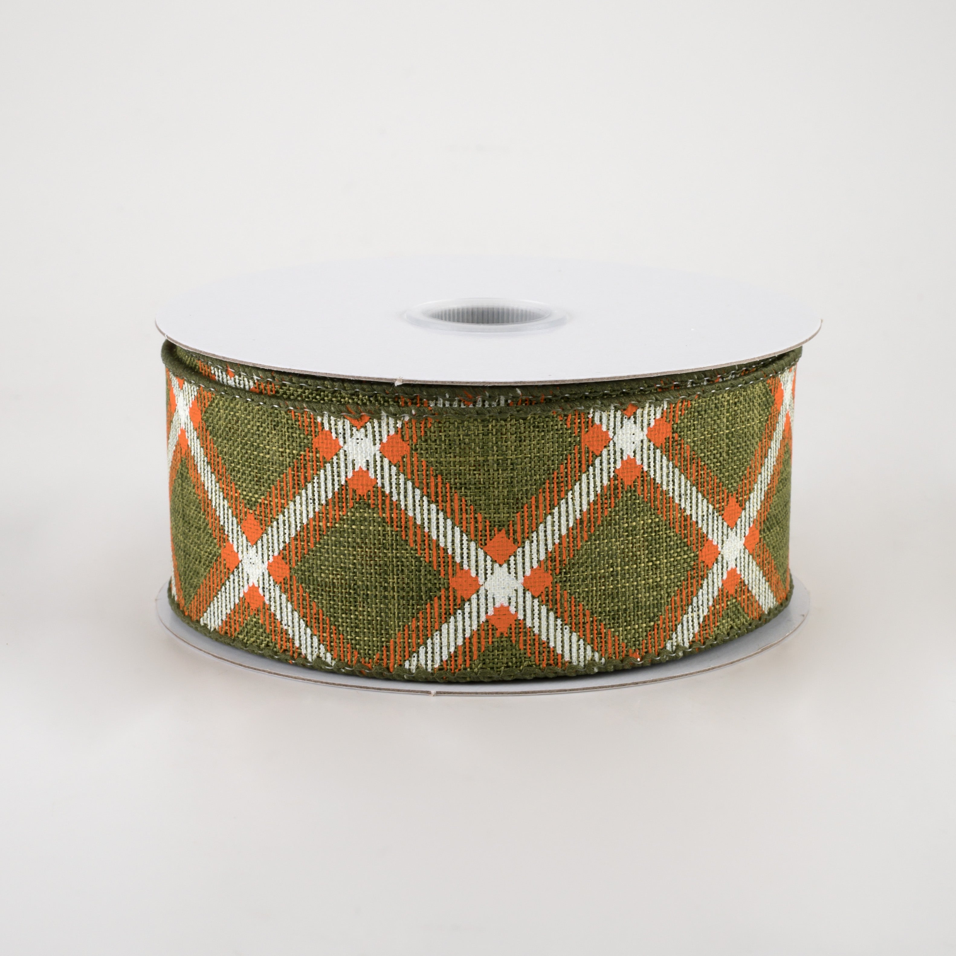 1.5" Linen Asher Plaid Ribbon: Moss, Orange & White (10 Yards)
