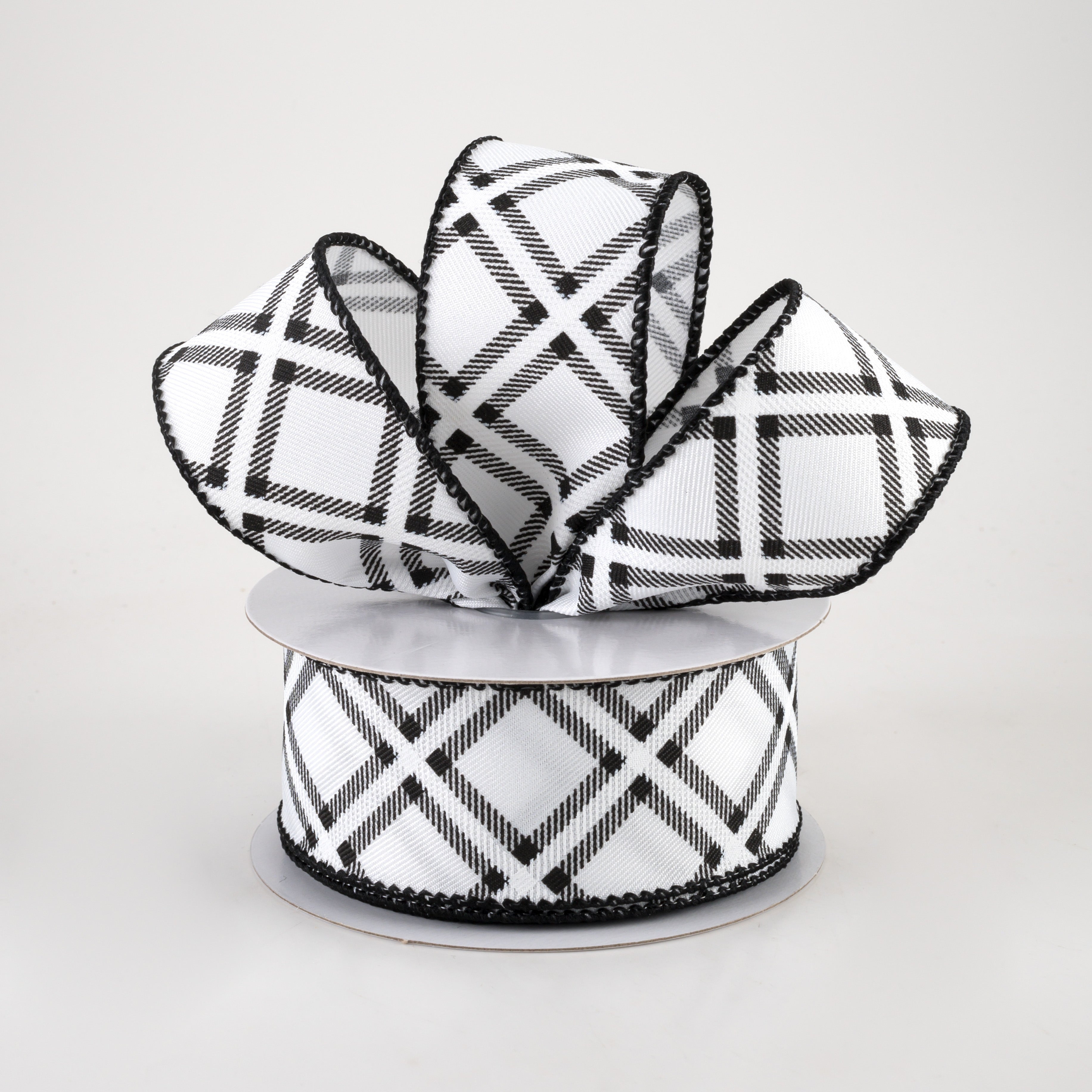 1.5" Linen Asher Plaid Ribbon: White & Black (10 Yards) Lifestyle Photo