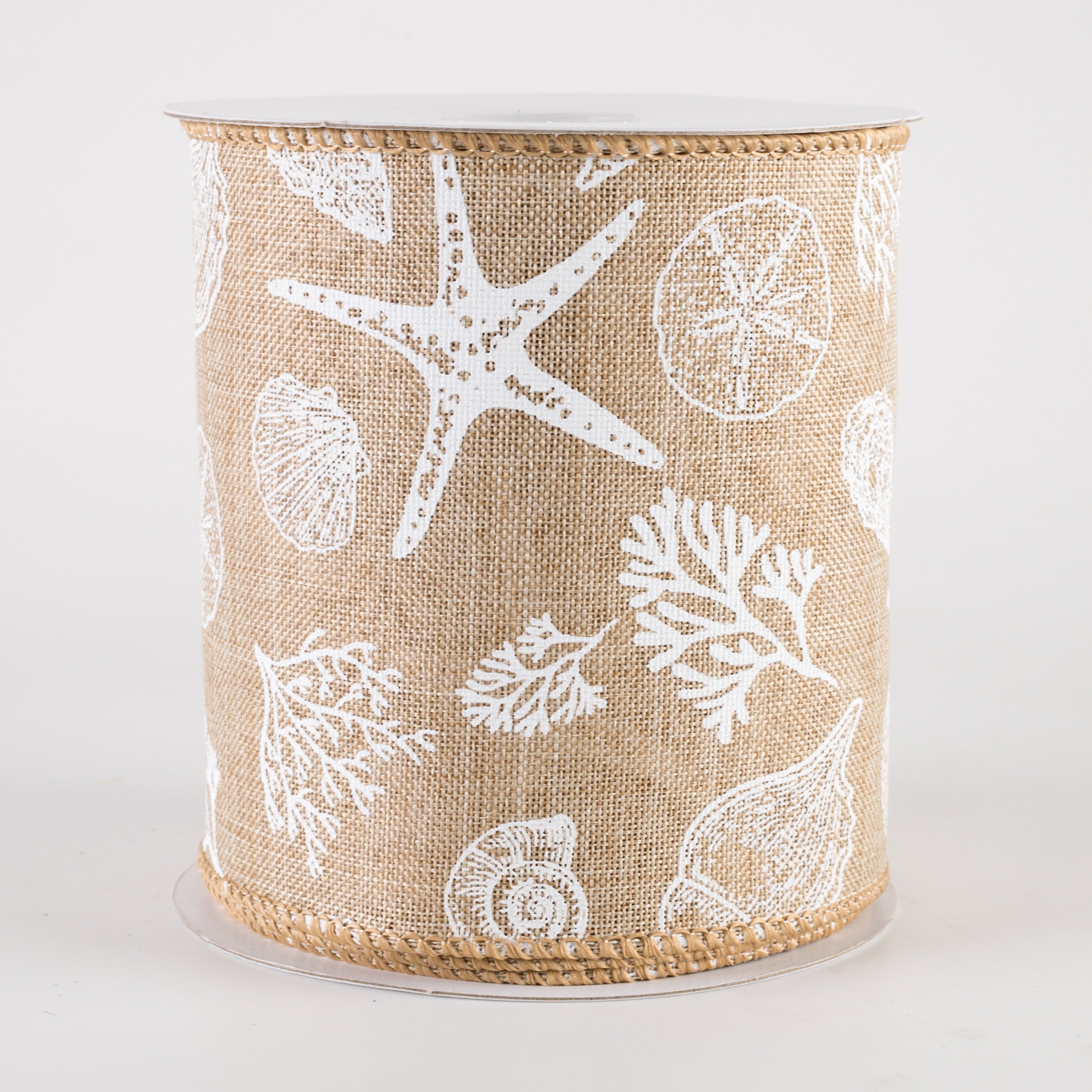 4" Linen Beach Stamped Icons Ribbon: Natural & White (10 Yards)