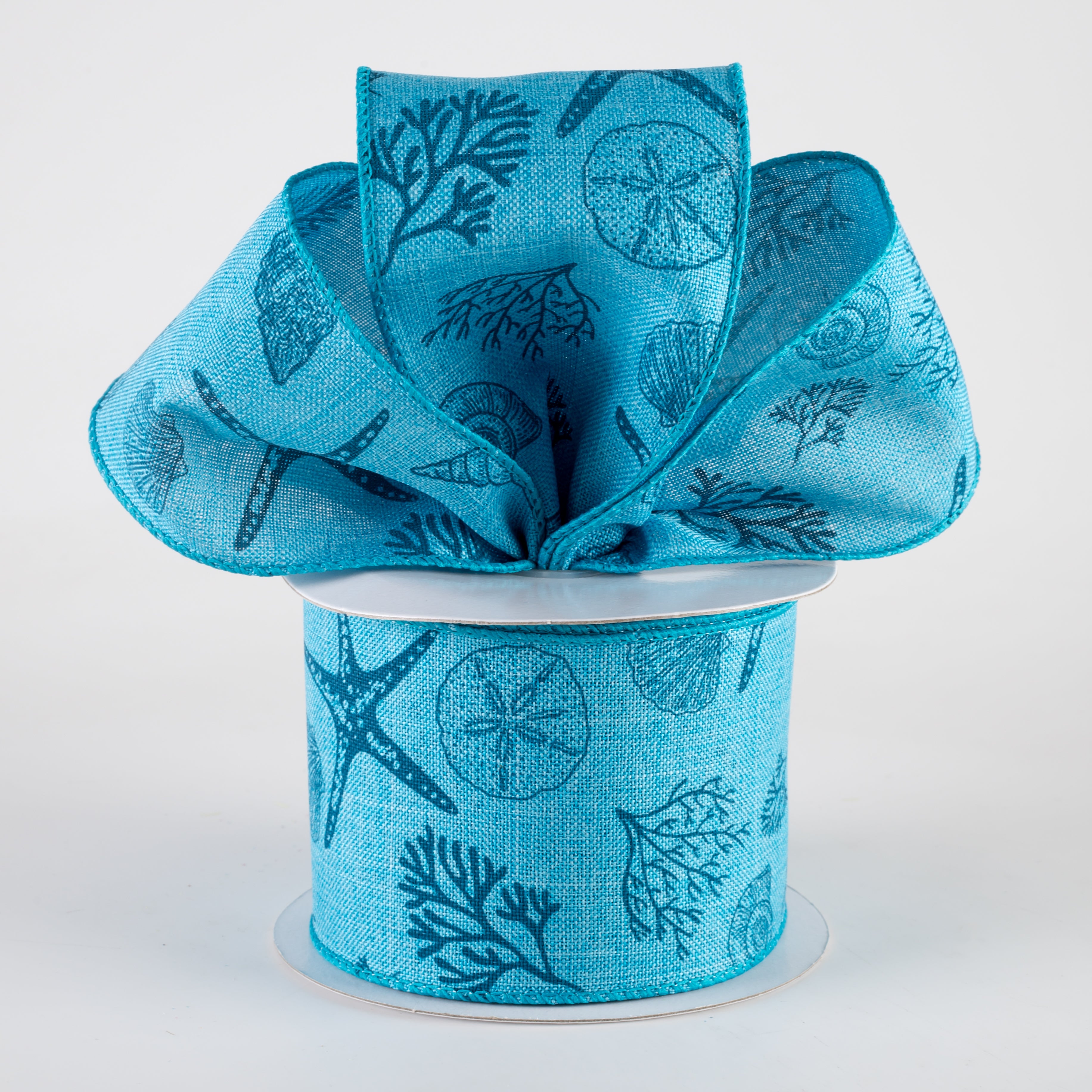 2.5" Linen Beach Stamped Icons Ribbon: Turquoise & Teal Blue (10 Yards) Lifestyle Photo