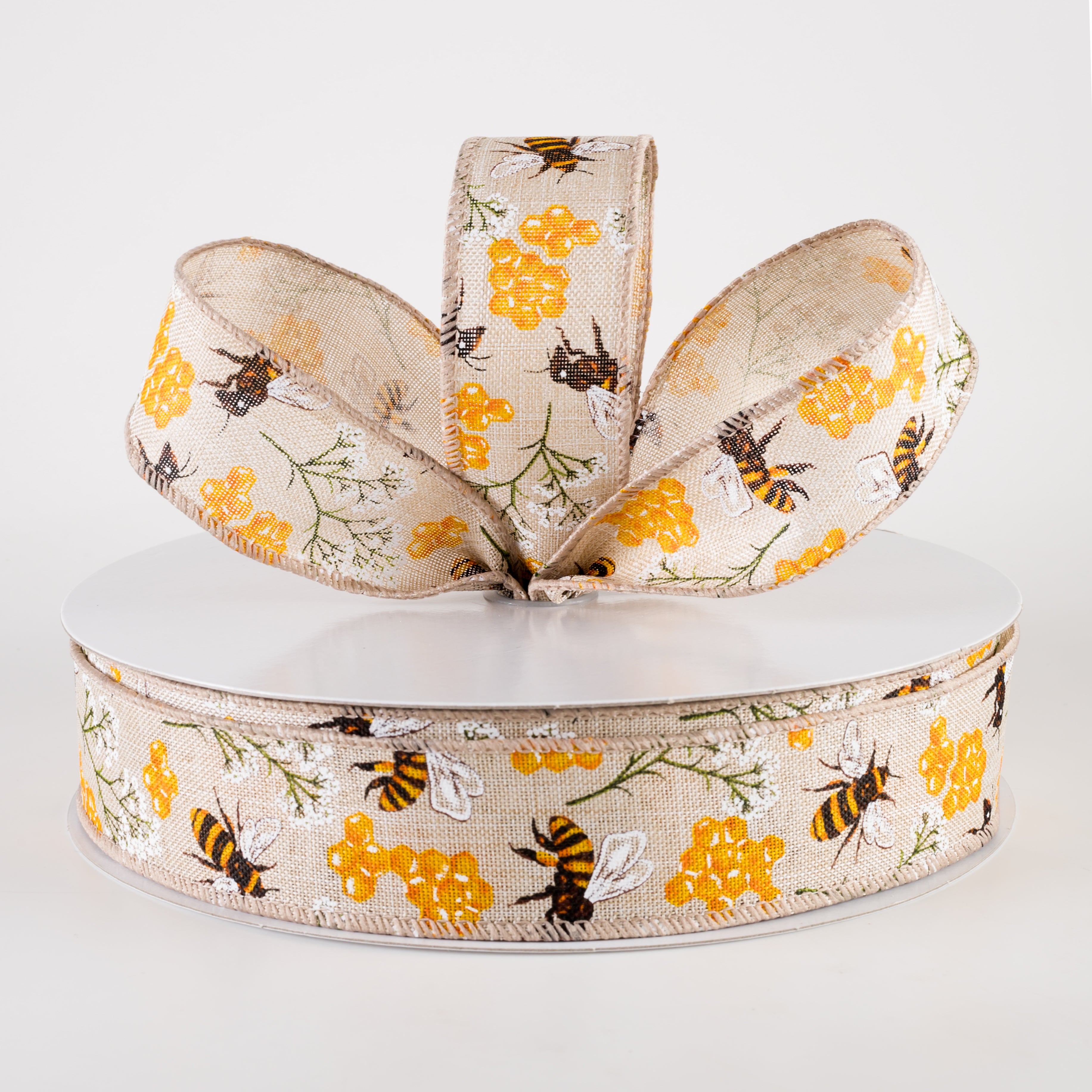 1.5" Linen Bees, Honeycomb, Baby's Breath Ribbon: Natural (50 Yards) Lifestyle Photo