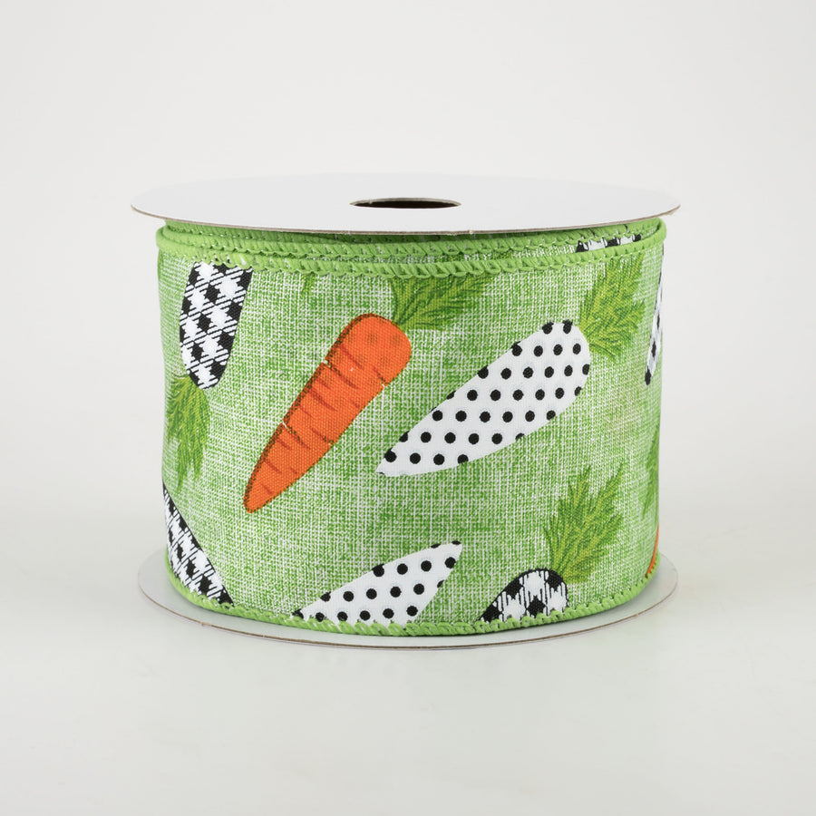 2.5" Linen Black & White Carrots Ribbon: Lime Green (10 Yards) Item Number: 31215-40-29