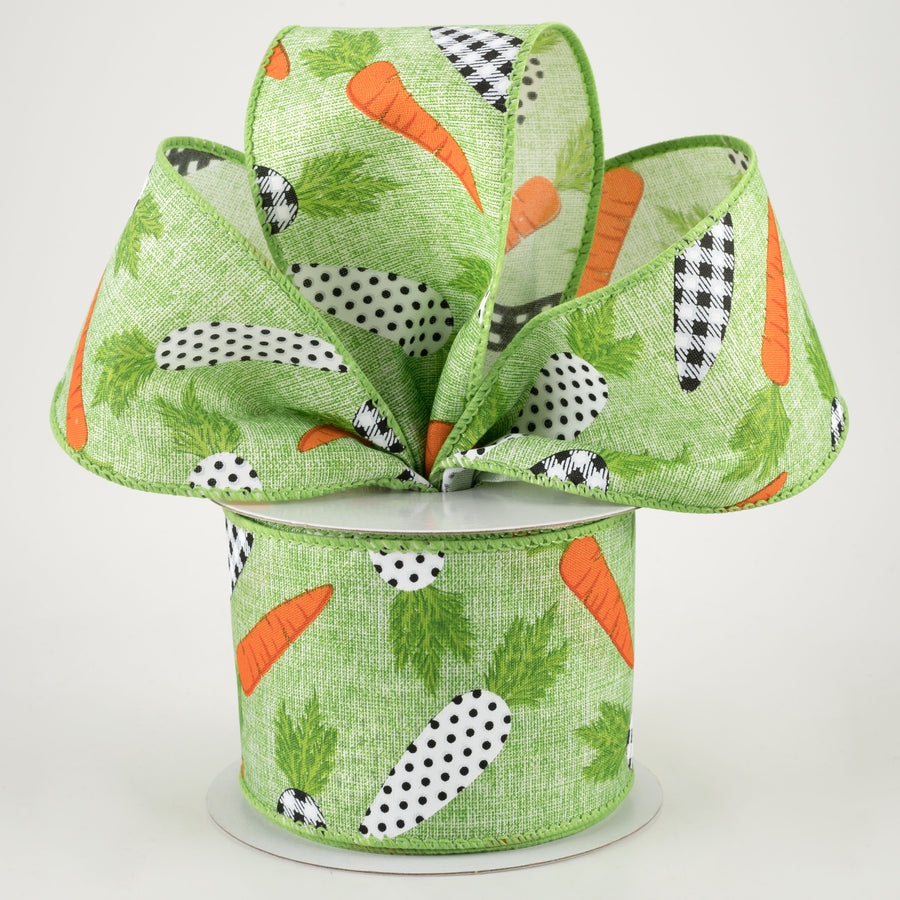 2.5" Linen Black & White Carrots Ribbon: Lime Green (10 Yards) Lifestyle Photo