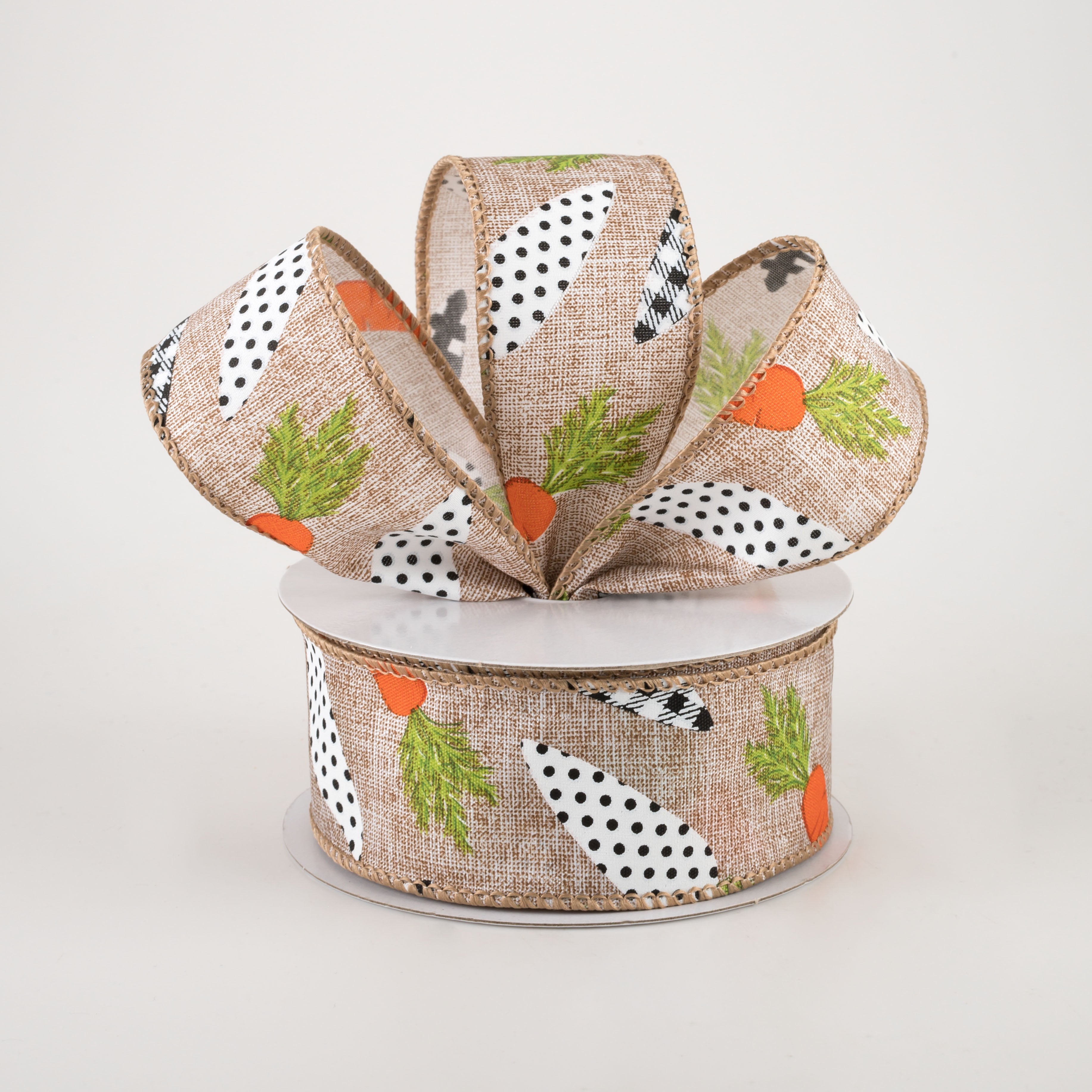 1.5" Linen Black & White Carrots Ribbon: Natural (10 Yards) Lifestyle Photo