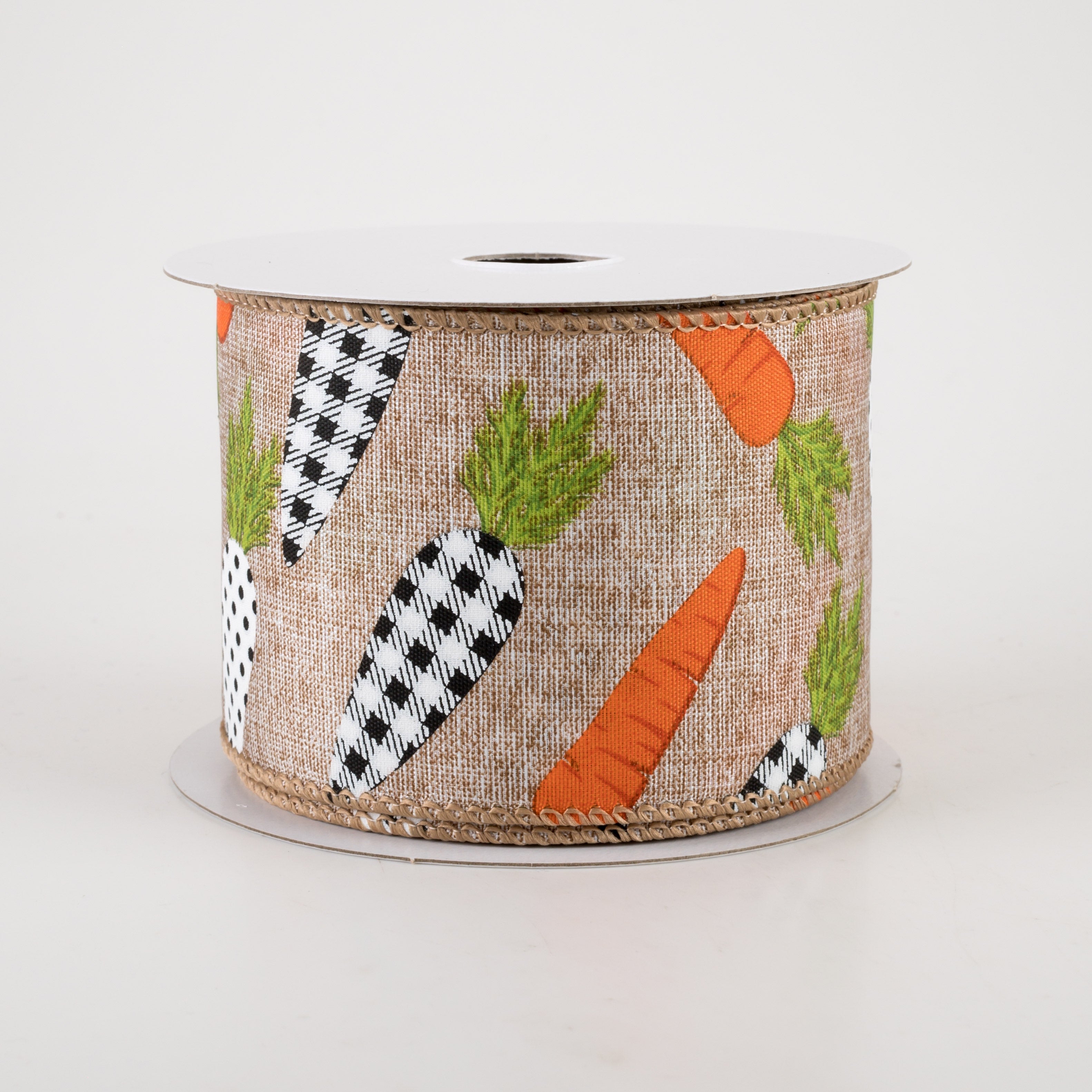 2.5" Linen Black & White Carrots Ribbon: Natural (10 Yards) Item Number: 31215-40-35