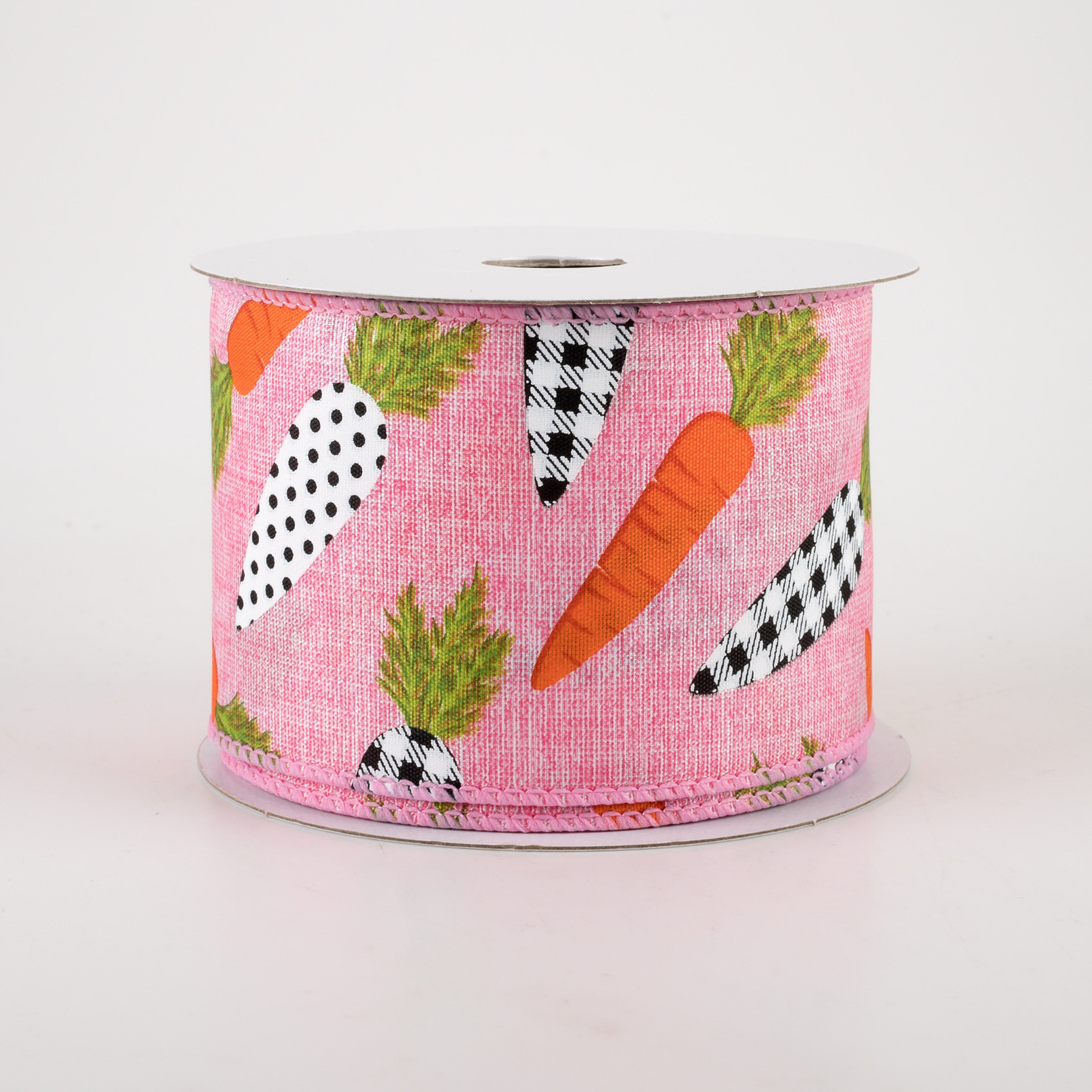 2.5" Linen Black & White Carrots Ribbon: Pink (10 Yards) Item Number: 31215-40-44