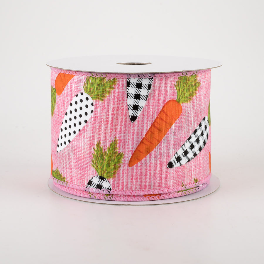 2.5" Linen Black & White Carrots Ribbon: Pink (10 Yards) Item Number: 31215-40-44