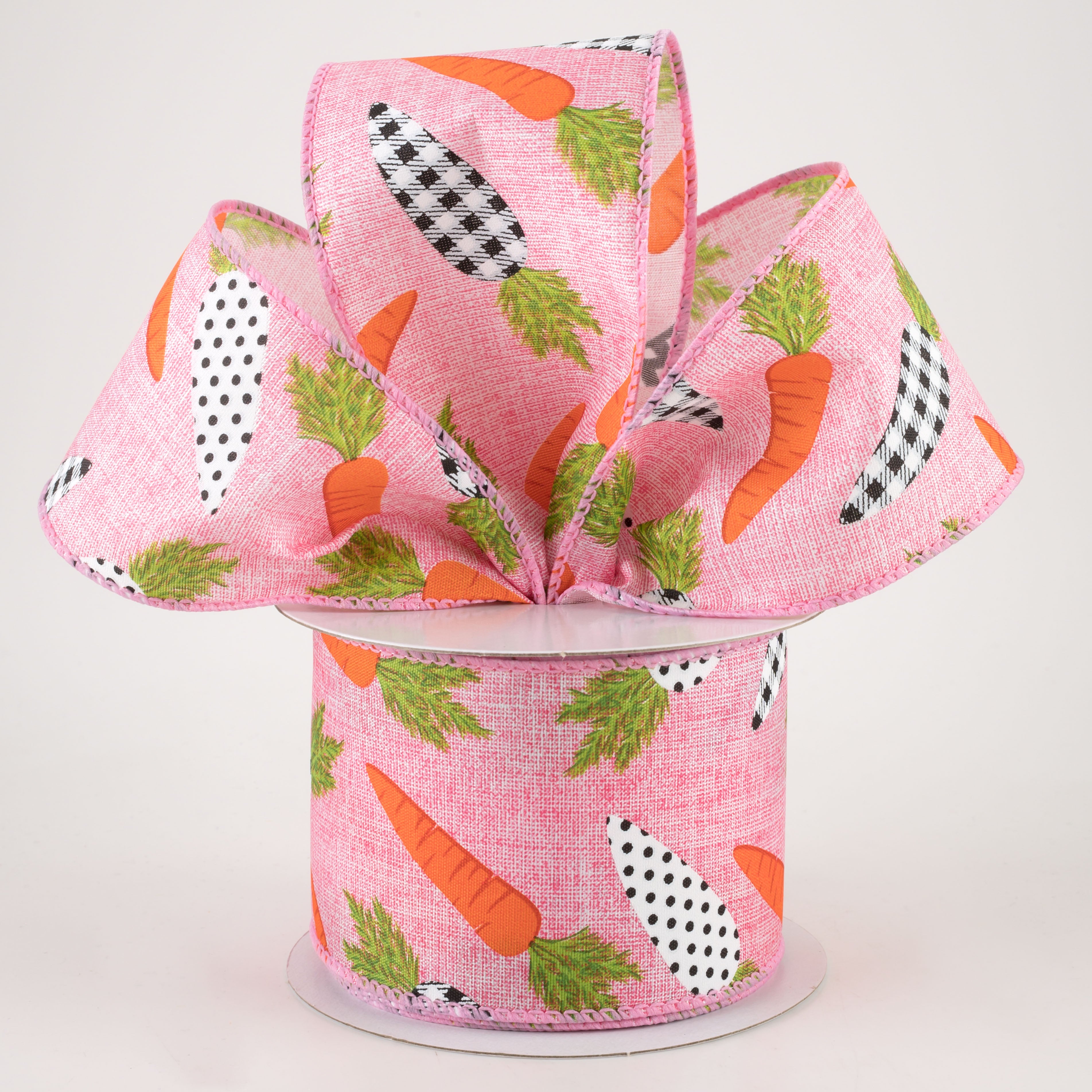 2.5" Linen Black & White Carrots Ribbon: Pink (10 Yards) Lifestyle Photo