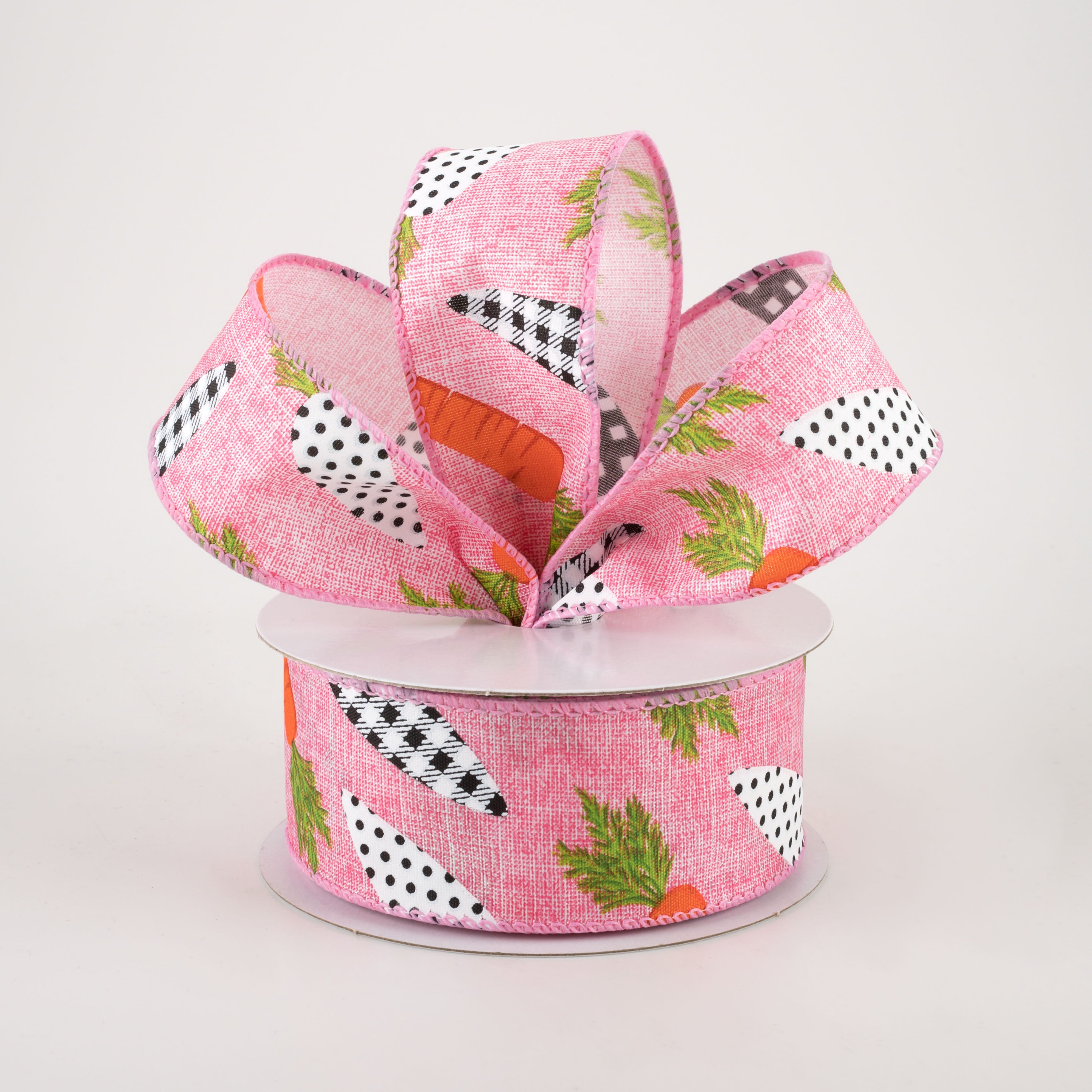 1.5" Linen Black & White Carrots Ribbon: Pink (10 Yards) Lifestyle Photo