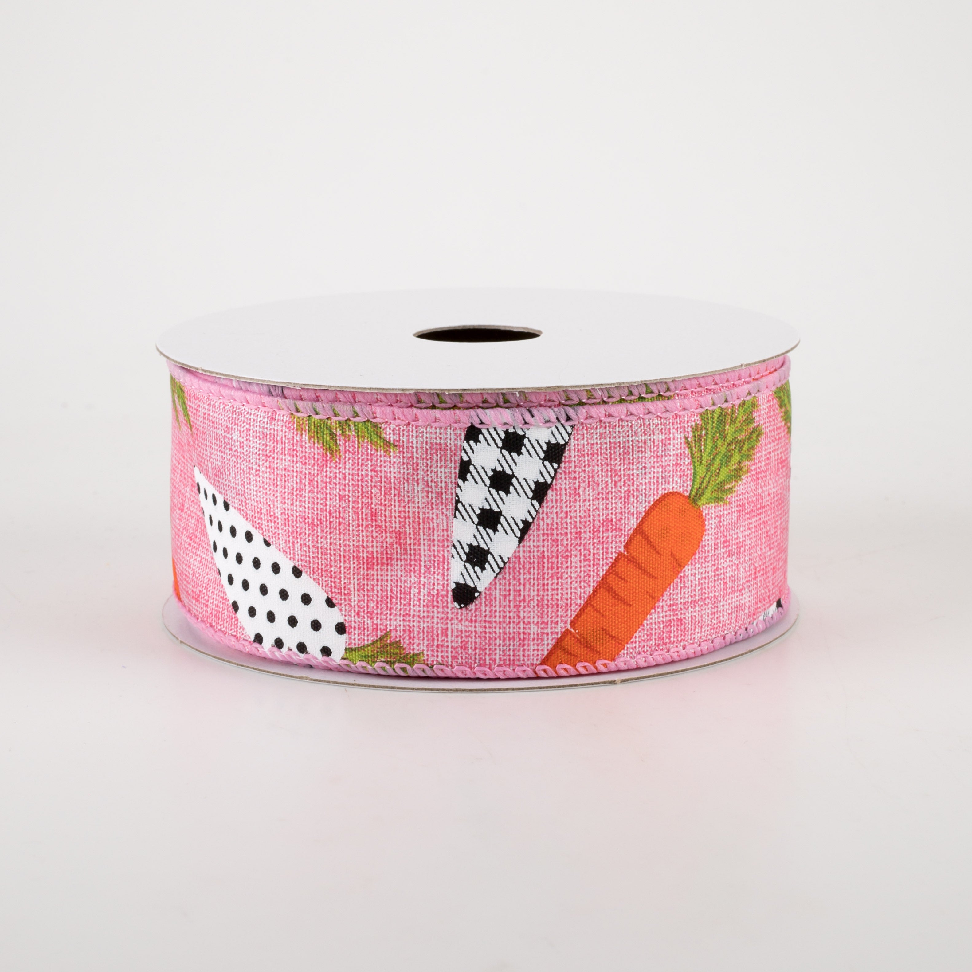 1.5" Linen Black & White Carrots Ribbon: Pink (10 Yards) Item Number: 31215-09-44